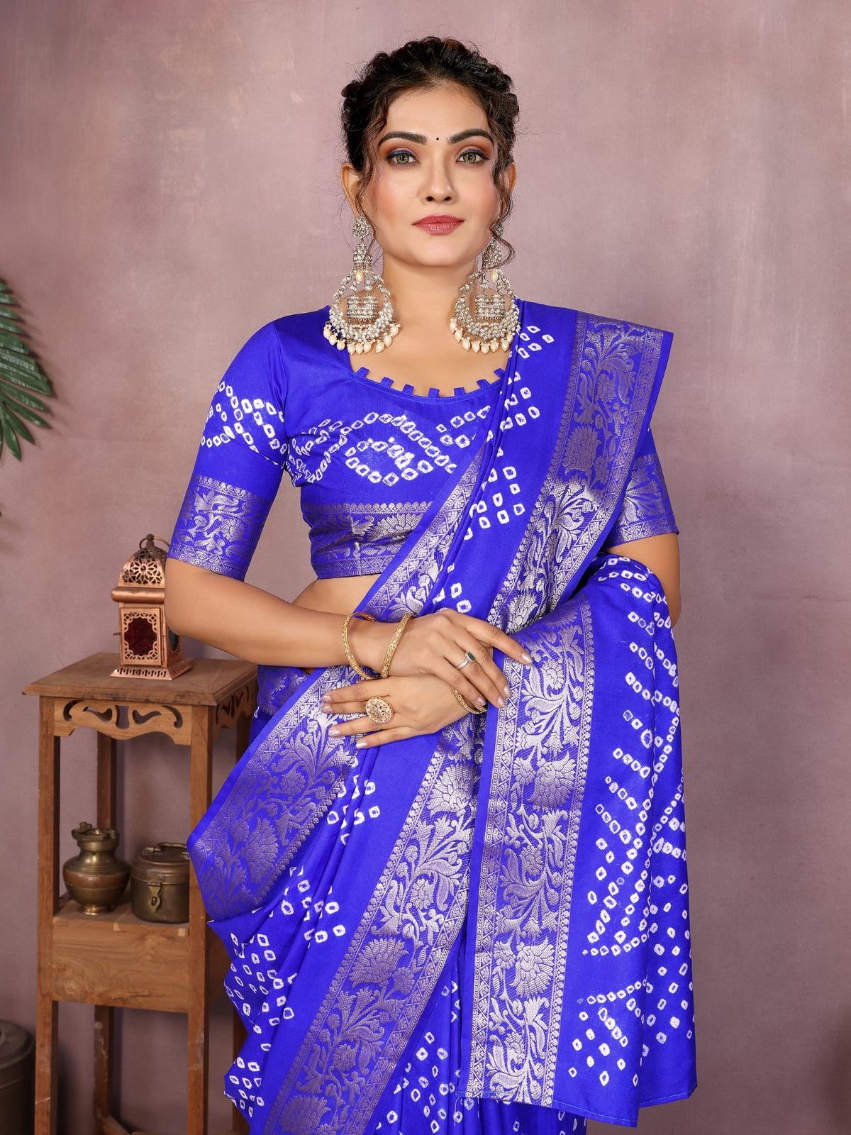 Royal Blue Silk Saree With Bandhej And Traditional Zari Weaving