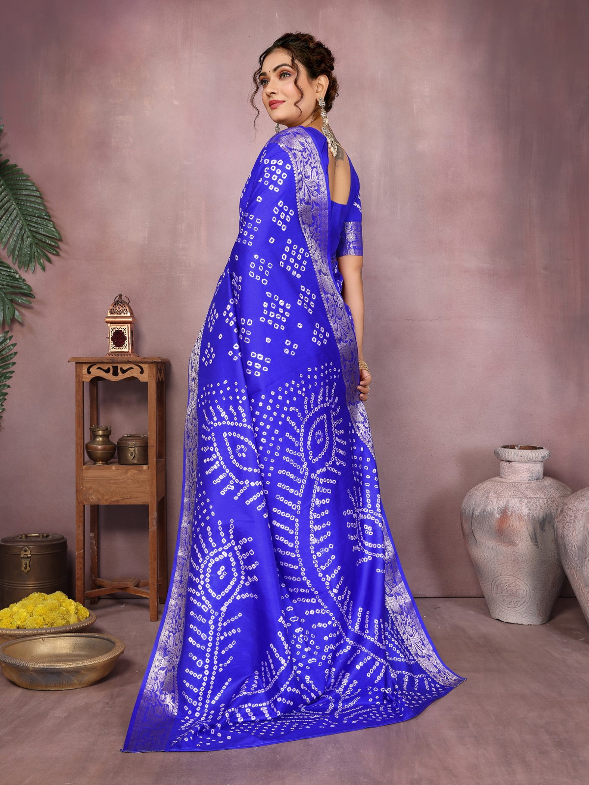 Royal Blue Silk Saree With Bandhej And Traditional Zari Weaving