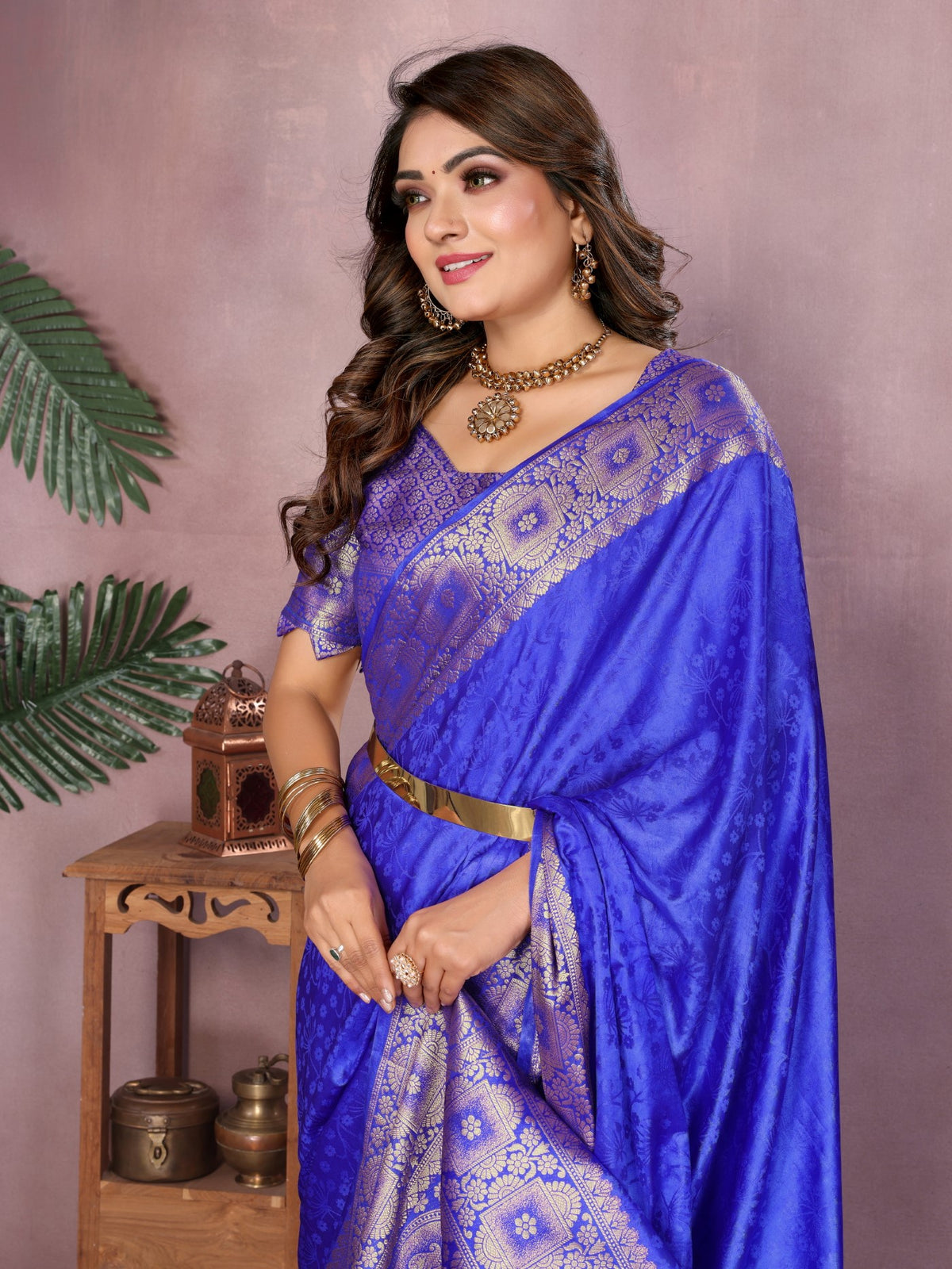 Royal Blue Soft Satin Silk Saree With Classic Zari Weaving