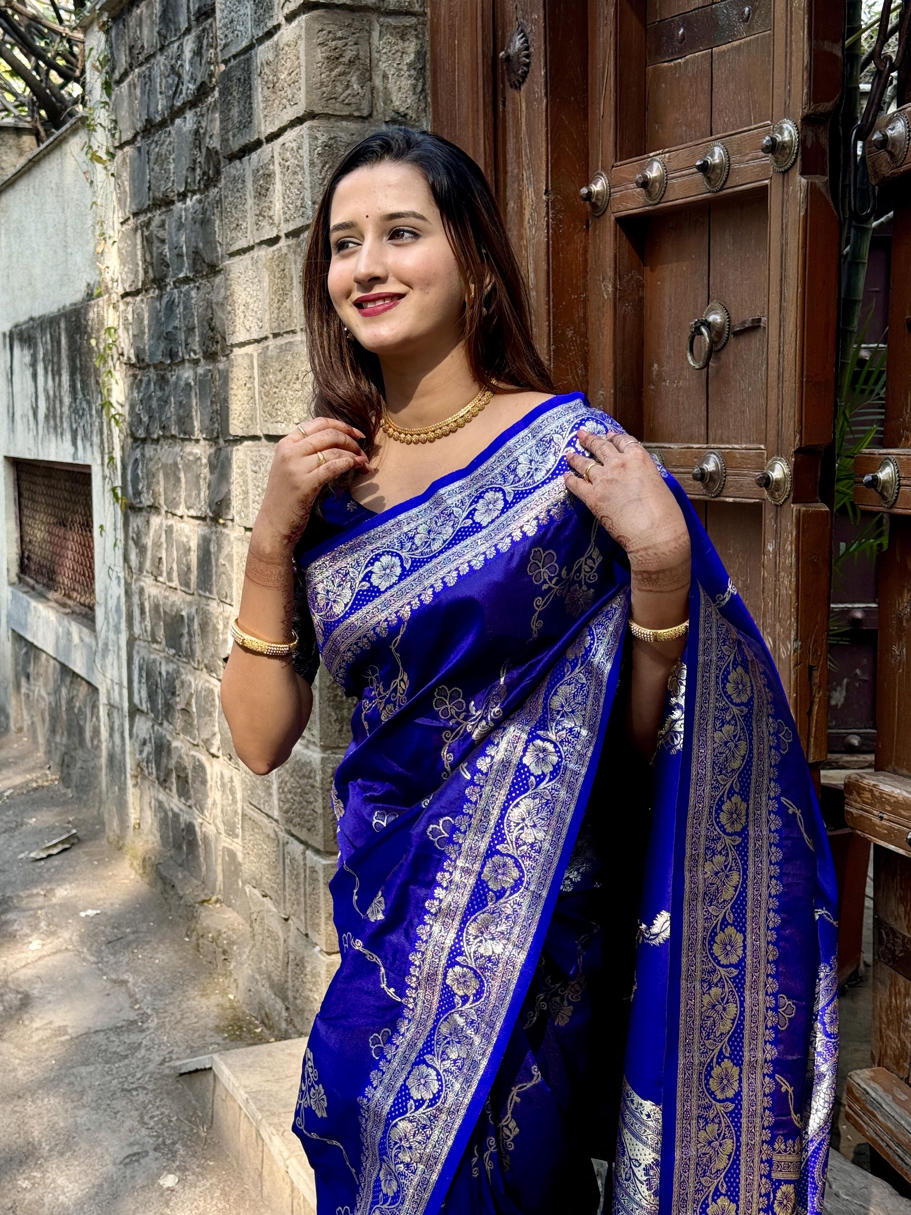 Royal Blue Woven Jacquard Jari Designer Banarasi Silk Festive Ceremonial Saree