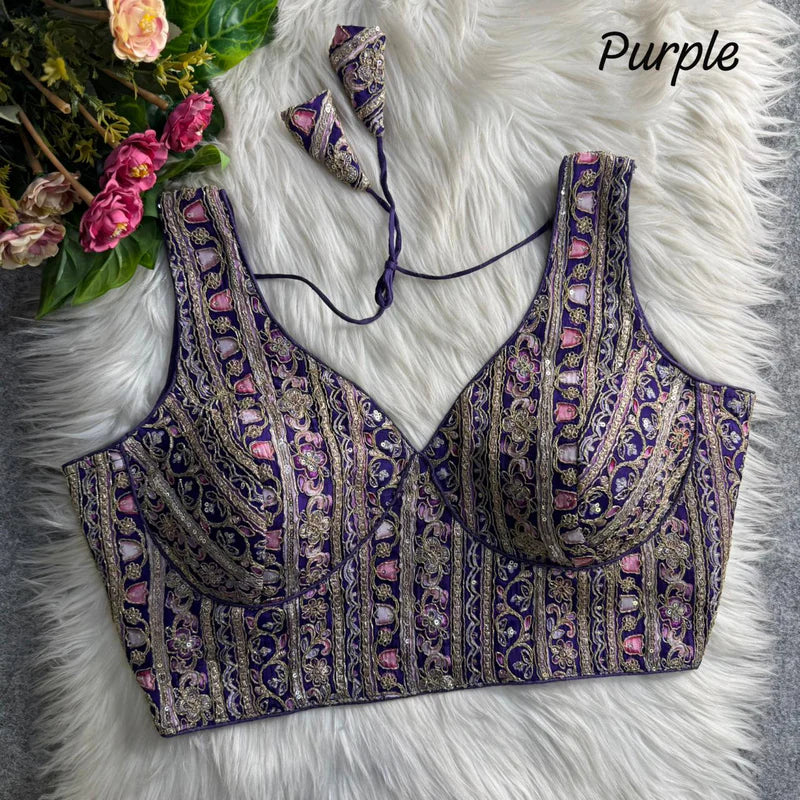 Royal Purple Couture Heavy Neck Position Work Blouse Pure Crepe Embroidered & Sequined Partywear