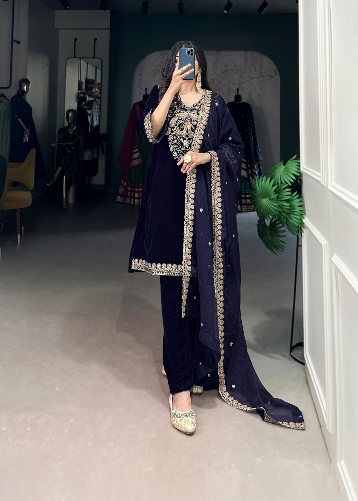 Royal Radiance Velvet Navy Blue Salwar Suit with Sequins & Thread Embroidery