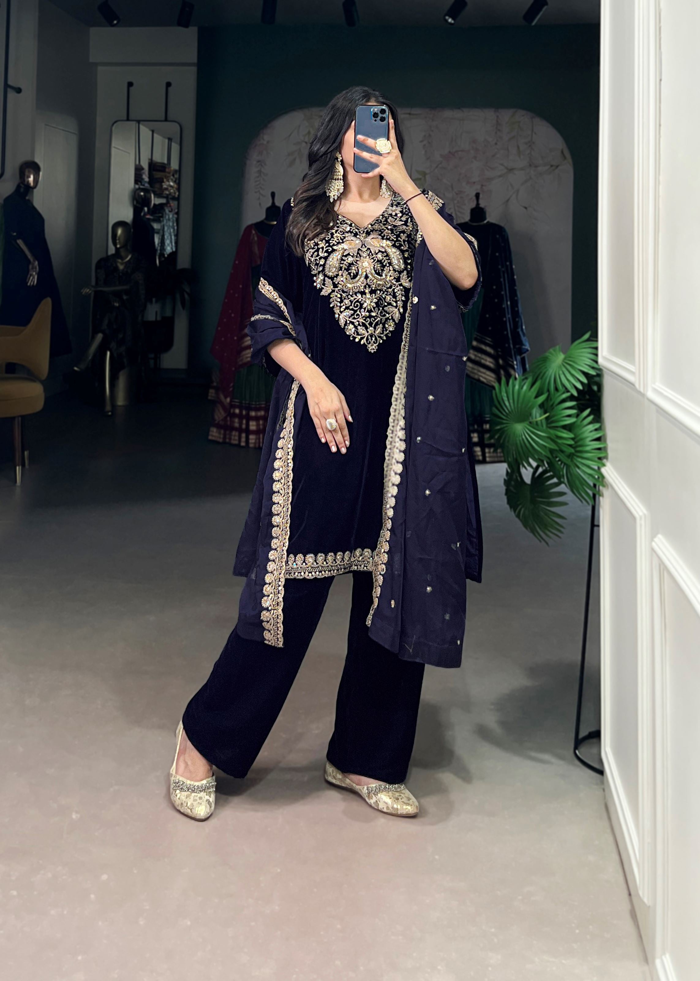 Royal Radiance Velvet Navy Blue Salwar Suit with Sequins & Thread Embroidery
