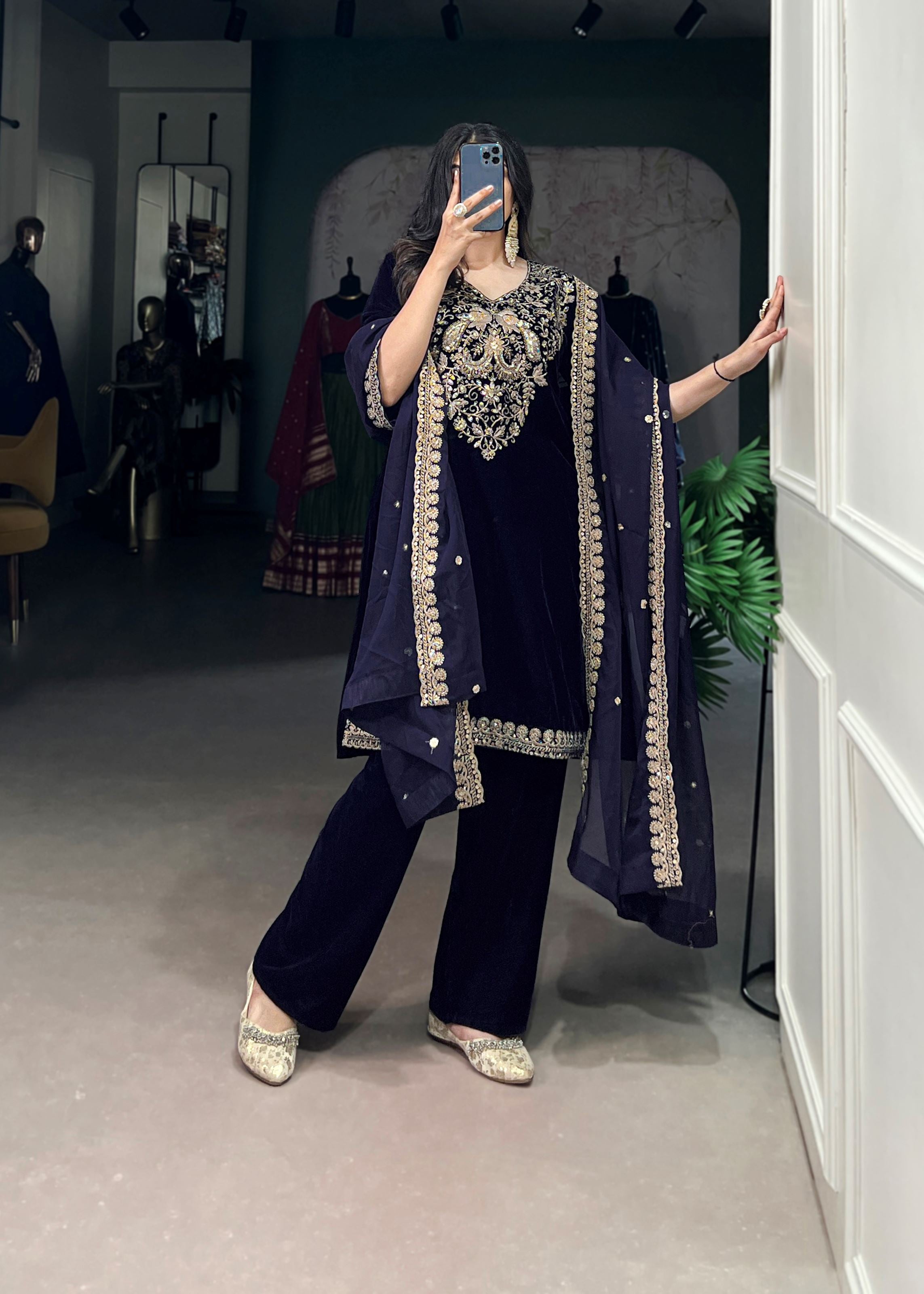 Royal Radiance Velvet Navy Blue Salwar Suit with Sequins & Thread Embroidery