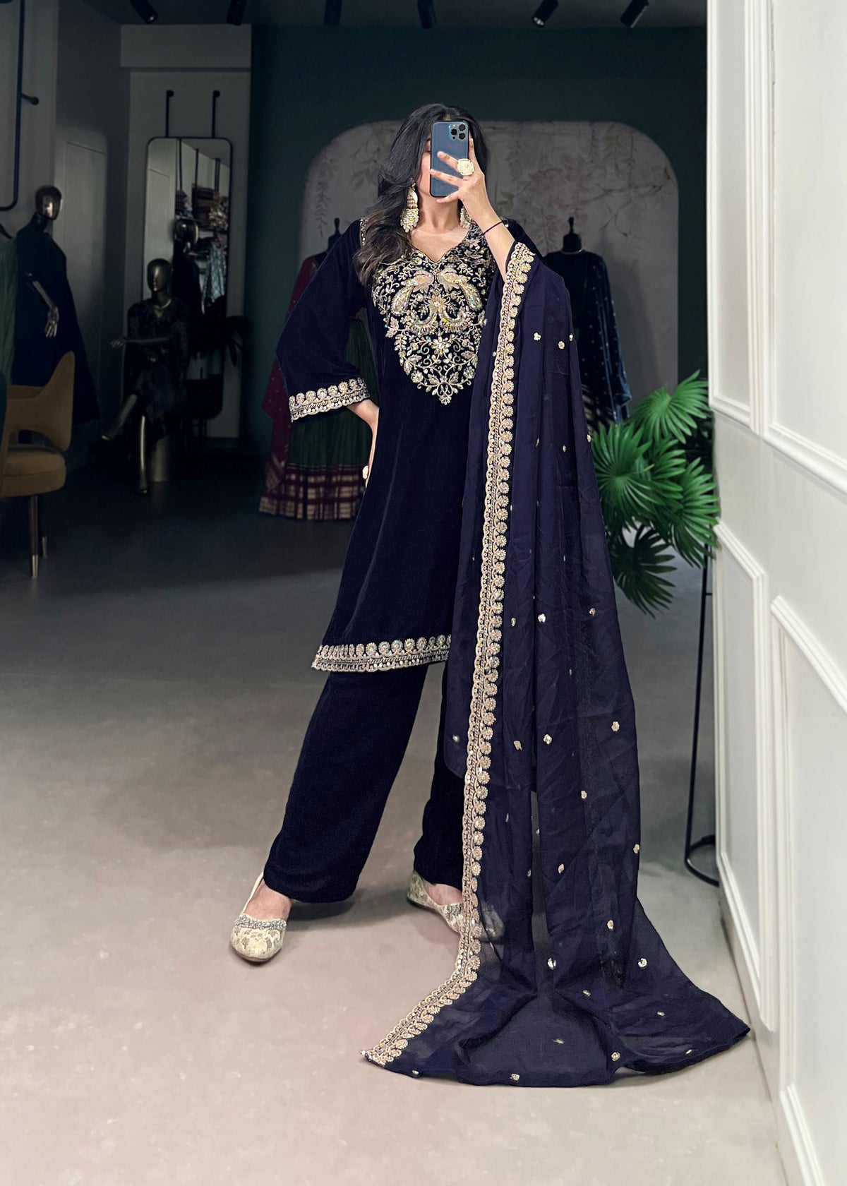 Royal Radiance Velvet Navy Blue Salwar Suit with Sequins & Thread Embroidery