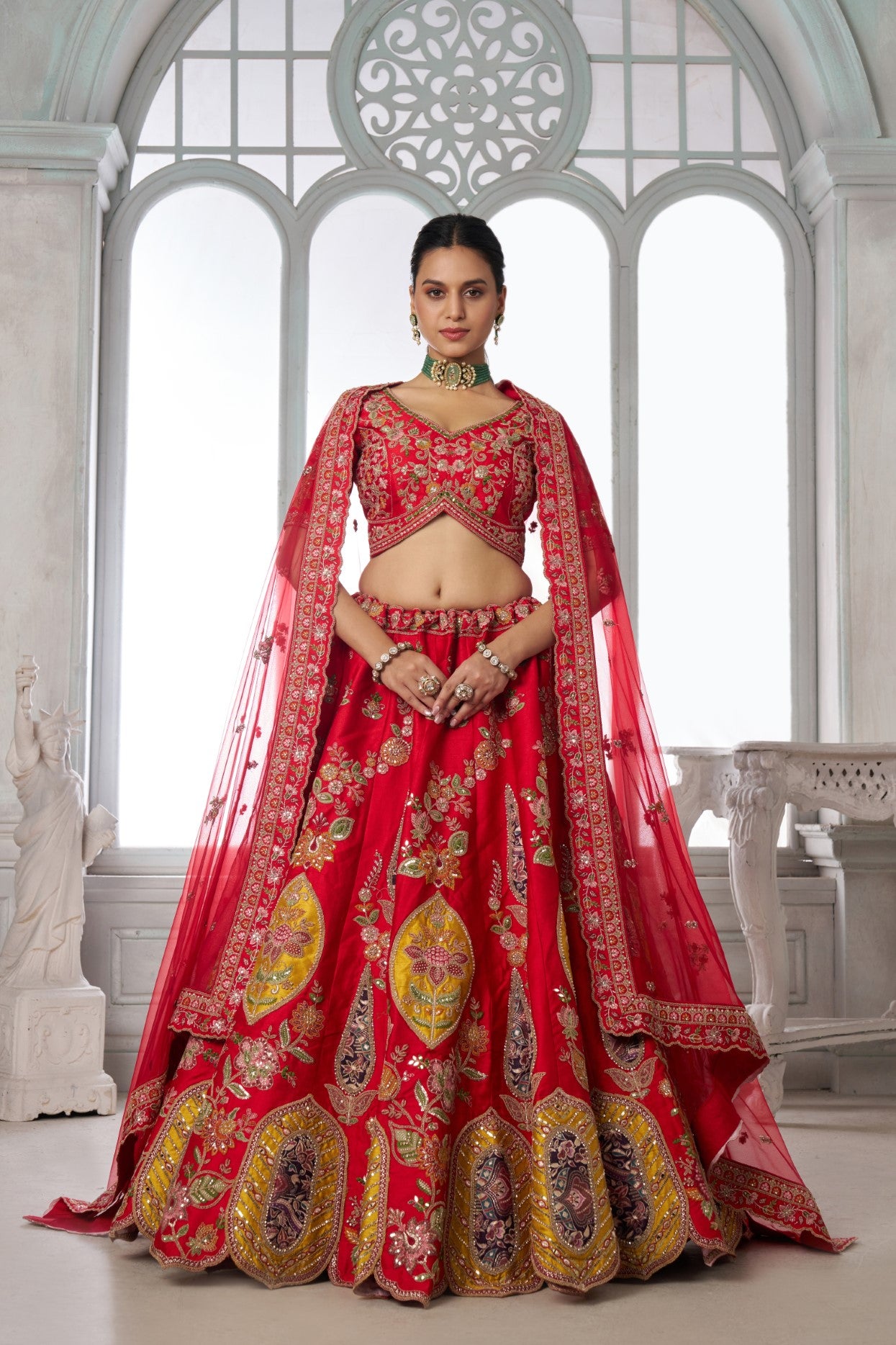 Royal Red Multicolor Silk Handcrafted Bridal Lehenga Choli with Heritage Embroidery