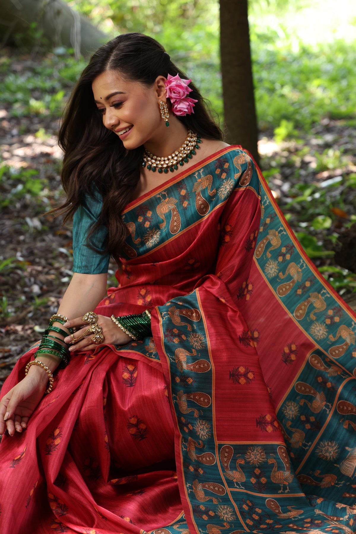 Royal Red Tussar Silk Saree with Traditional Printed Design