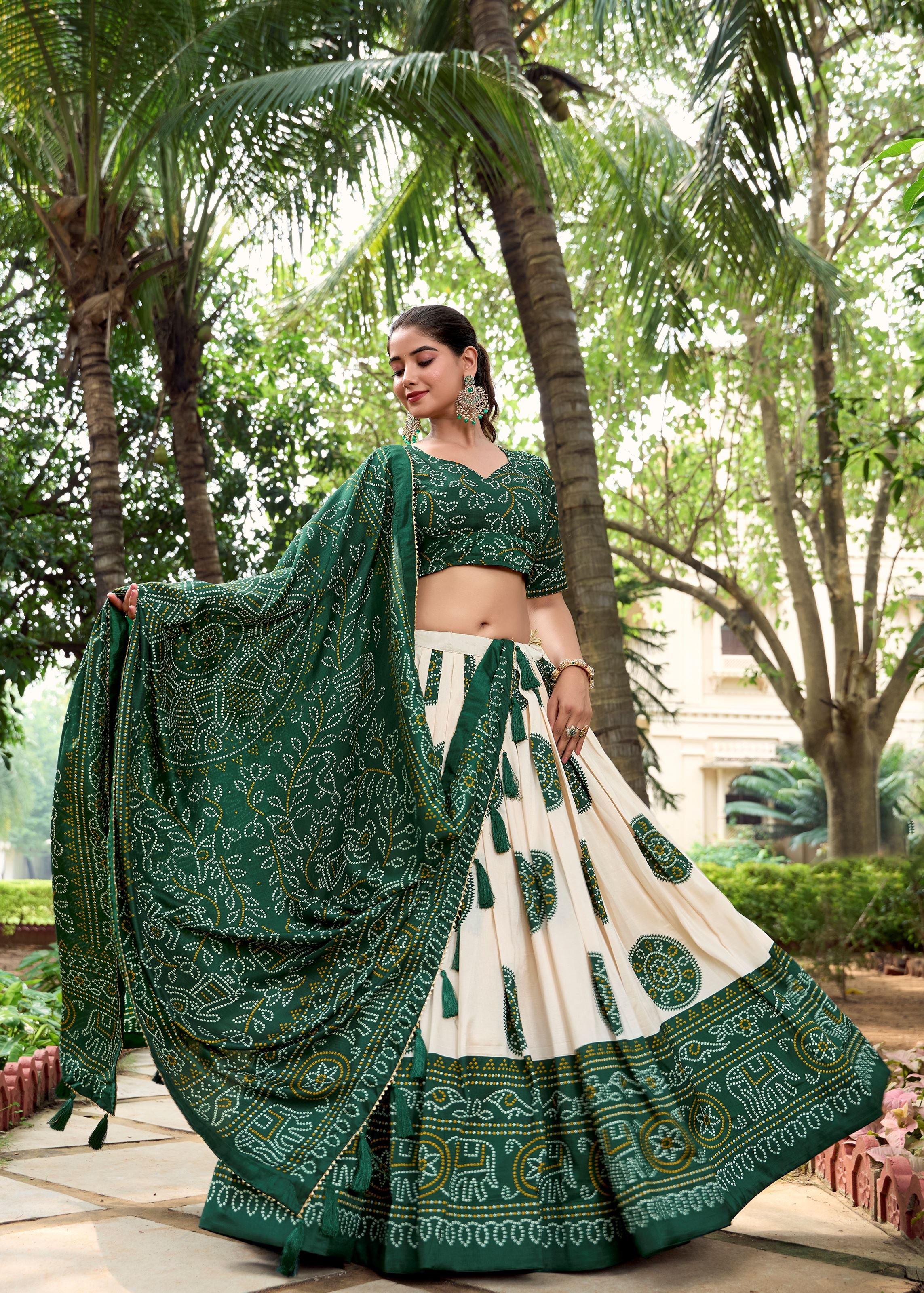Royal in Every Fold Green Tussar Silk Lehenga with Timeless Bandhej Print