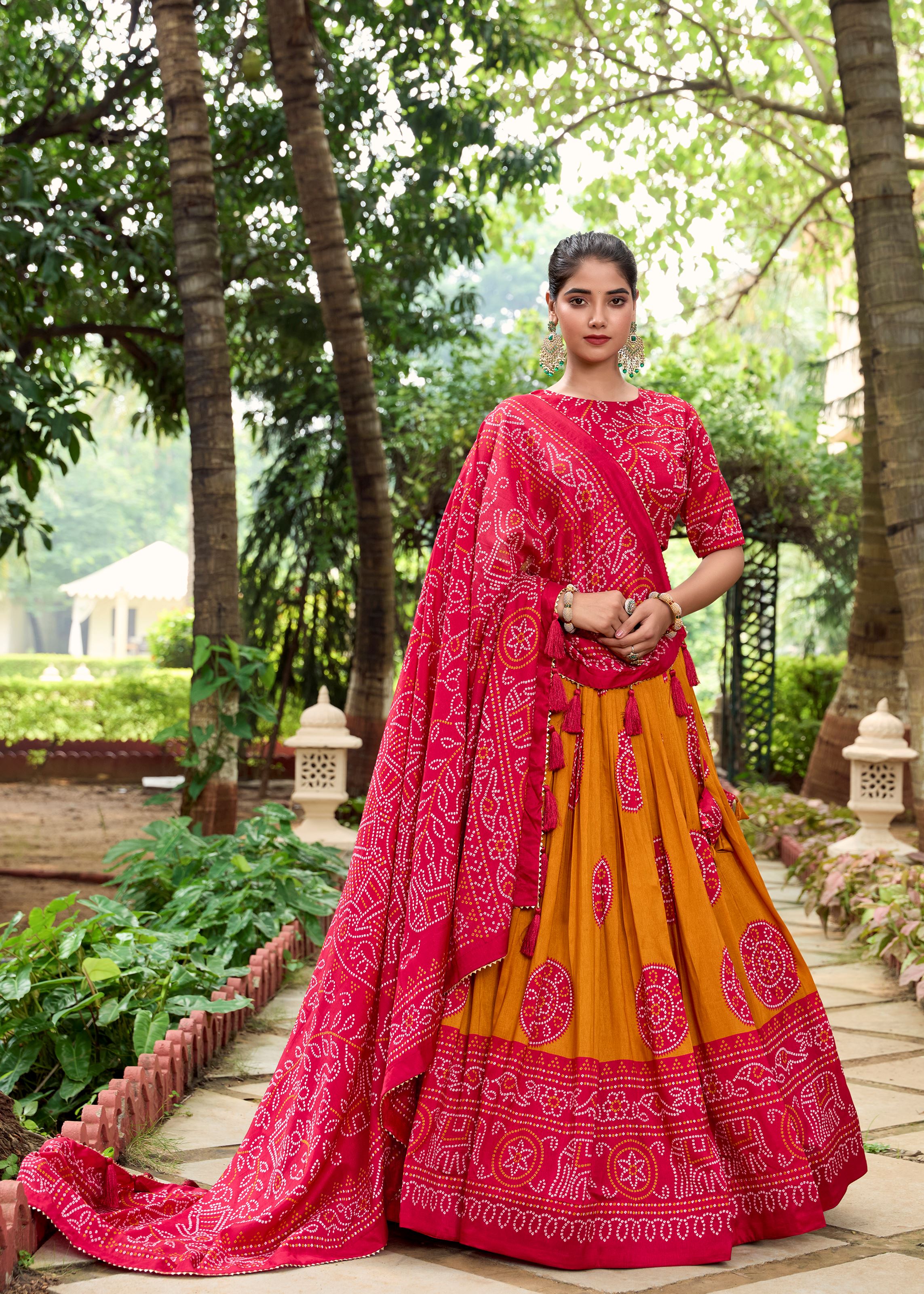Royal in Every Fold Mustard Tussar Silk Lehenga with Timeless Bandhej Print