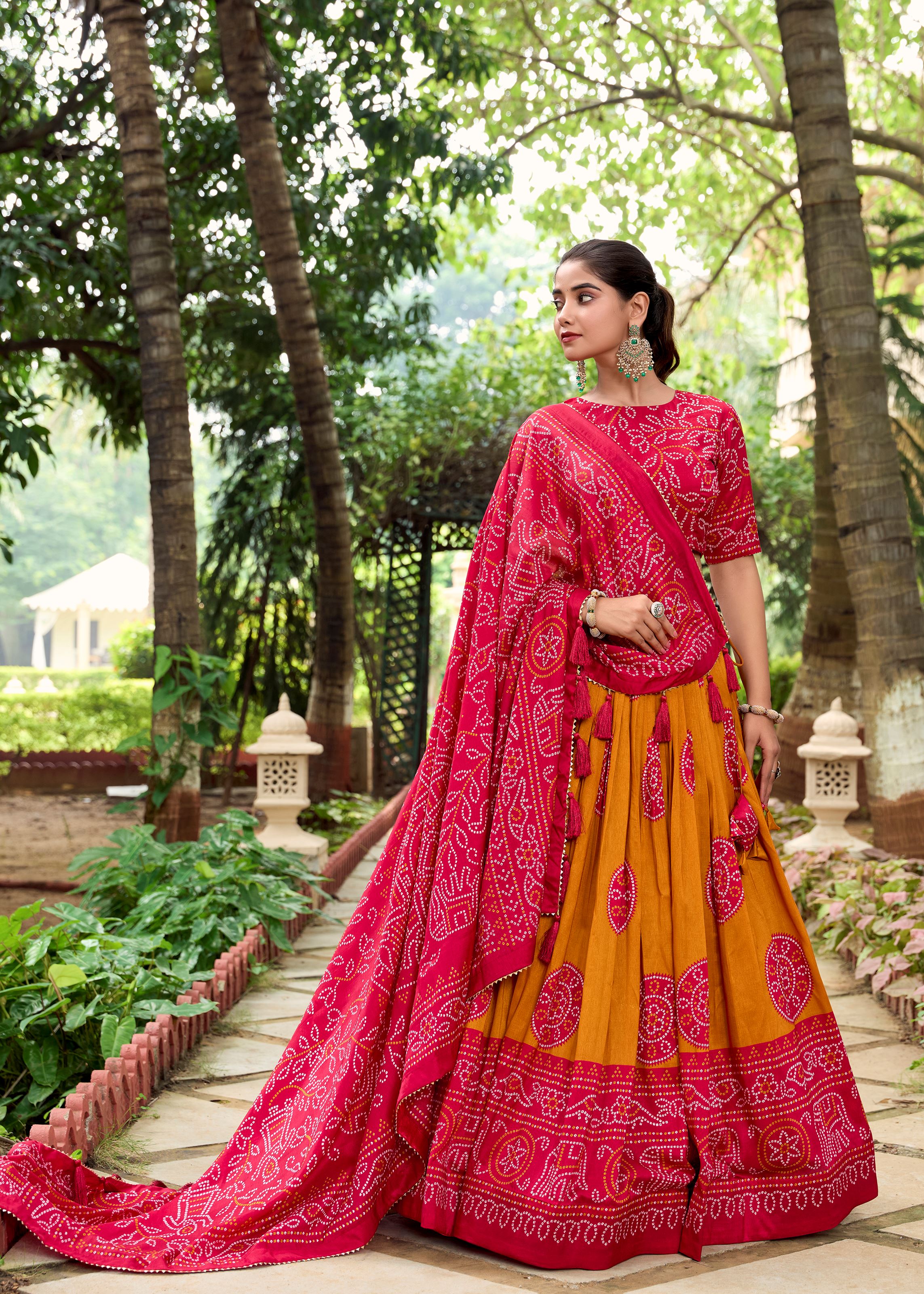 Royal in Every Fold Mustard Tussar Silk Lehenga with Timeless Bandhej Print