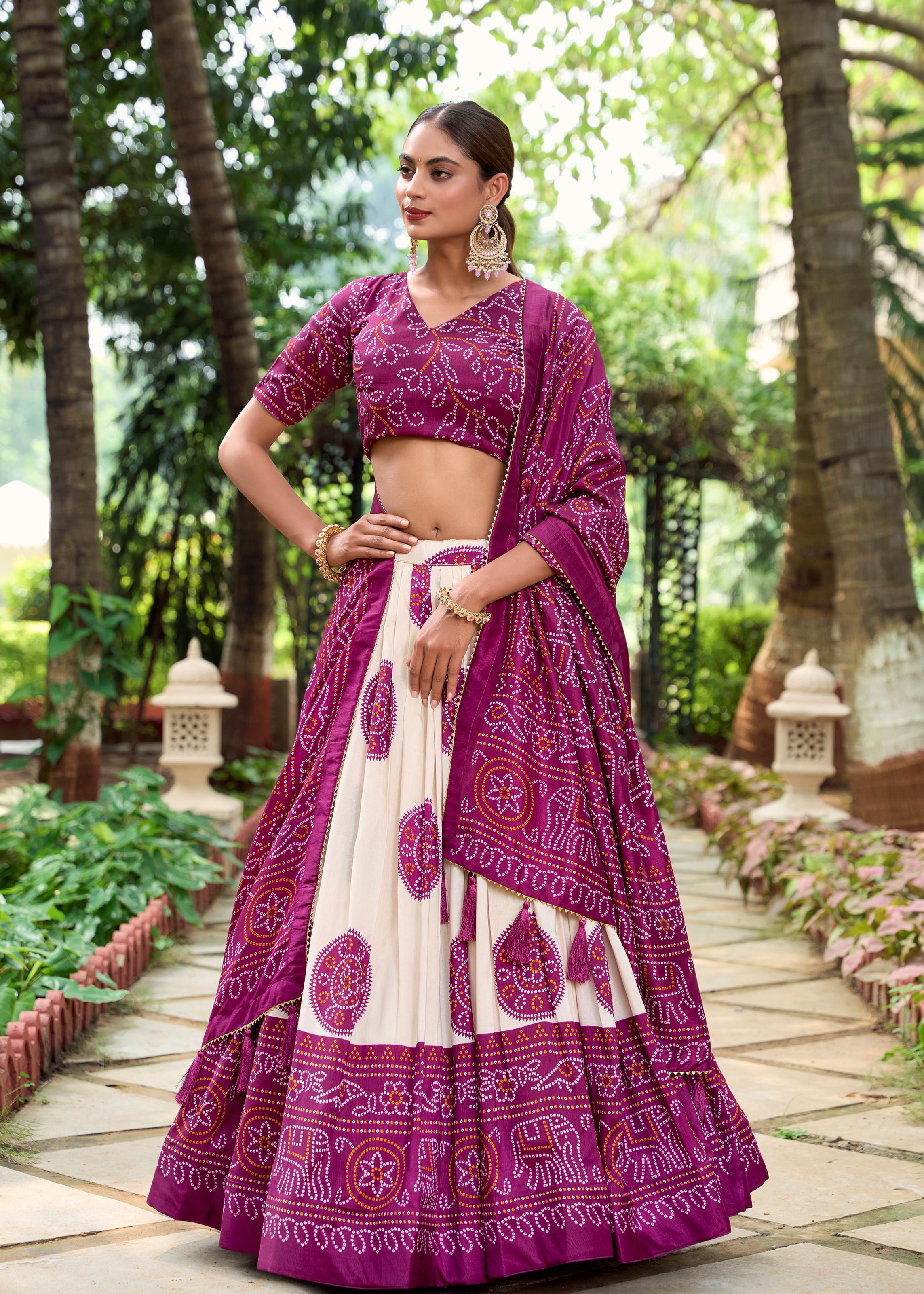 Royal in Every Fold Wine Tussar Silk Lehenga with Timeless Bandhej Print