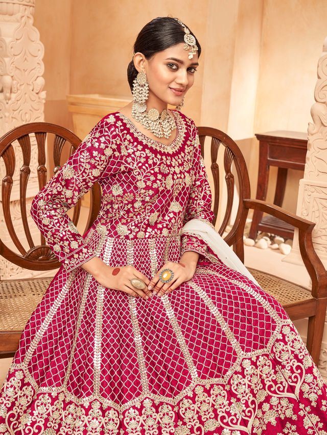 Ruby Art Silk Heavy Thread Embroidery with Zari Work Anarkali Suits