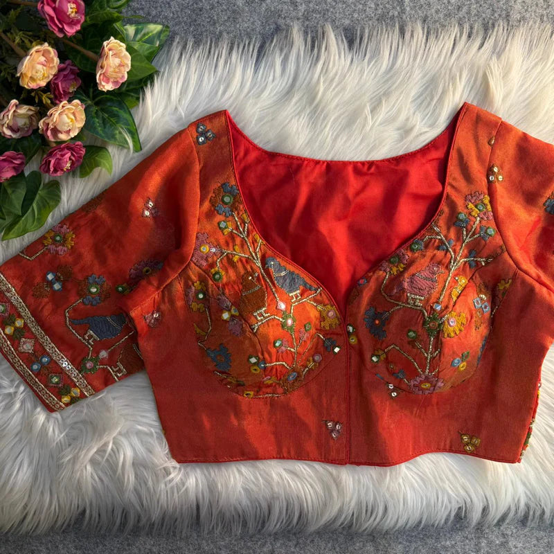 Ruby Red Bird Motif Mirror Work Blouse Cosmos Silk Designer Partywear