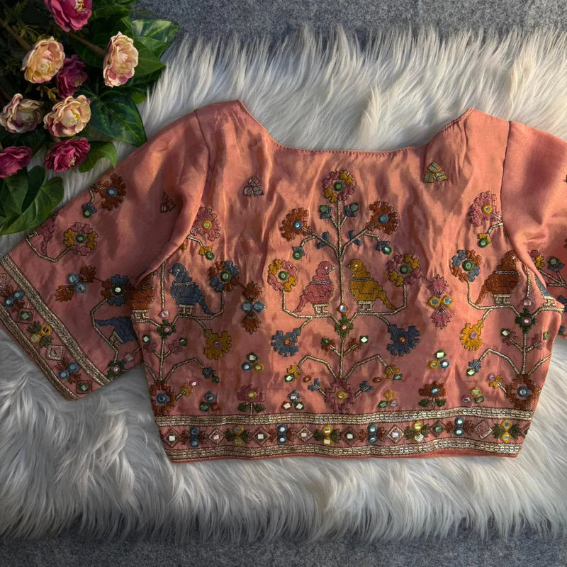 Ruby Red Bird Motif Mirror Work Blouse Cosmos Silk Designer Partywear