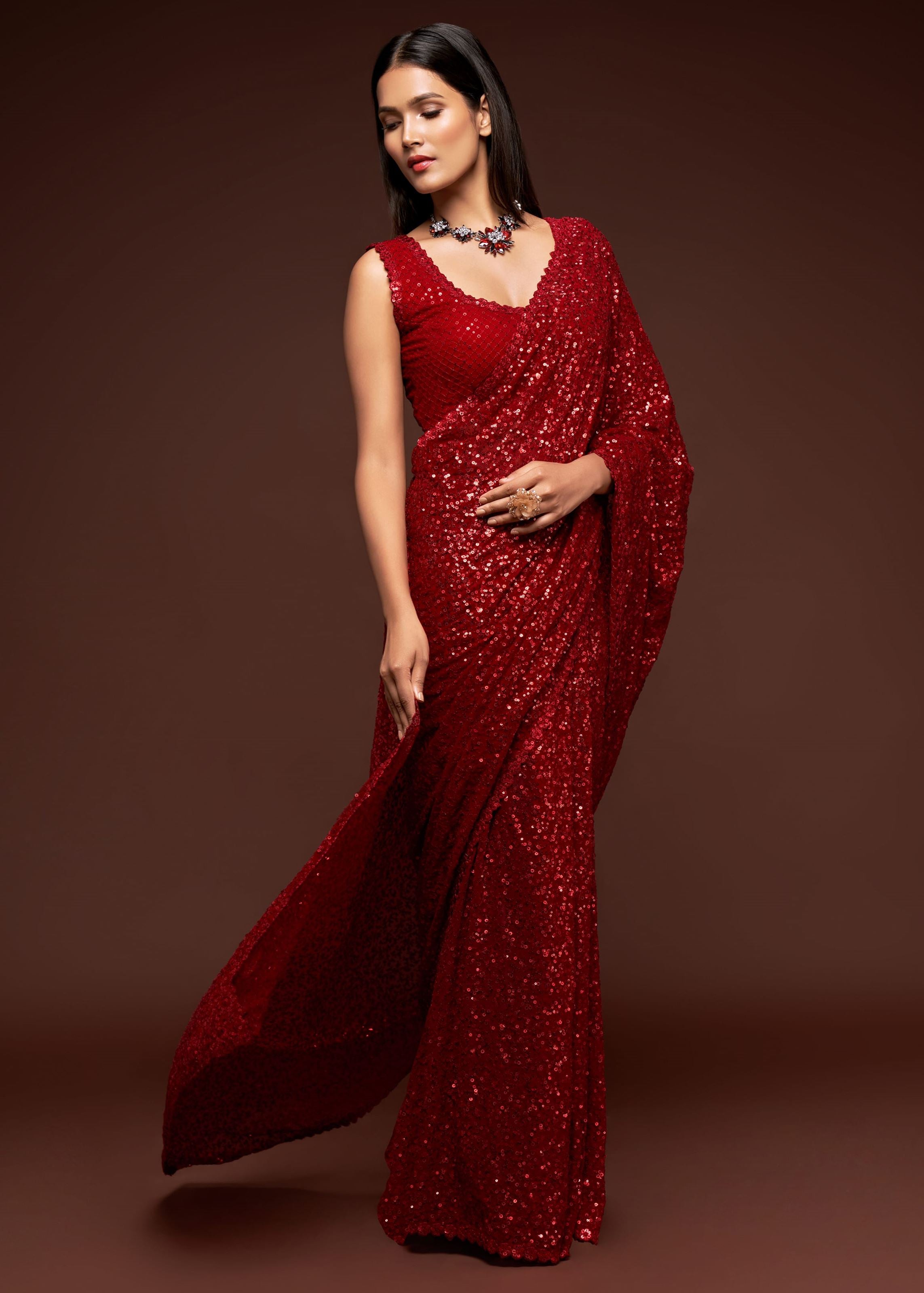 Ruby Red Georgette Saree with Thread Embroidery and Sequins Work