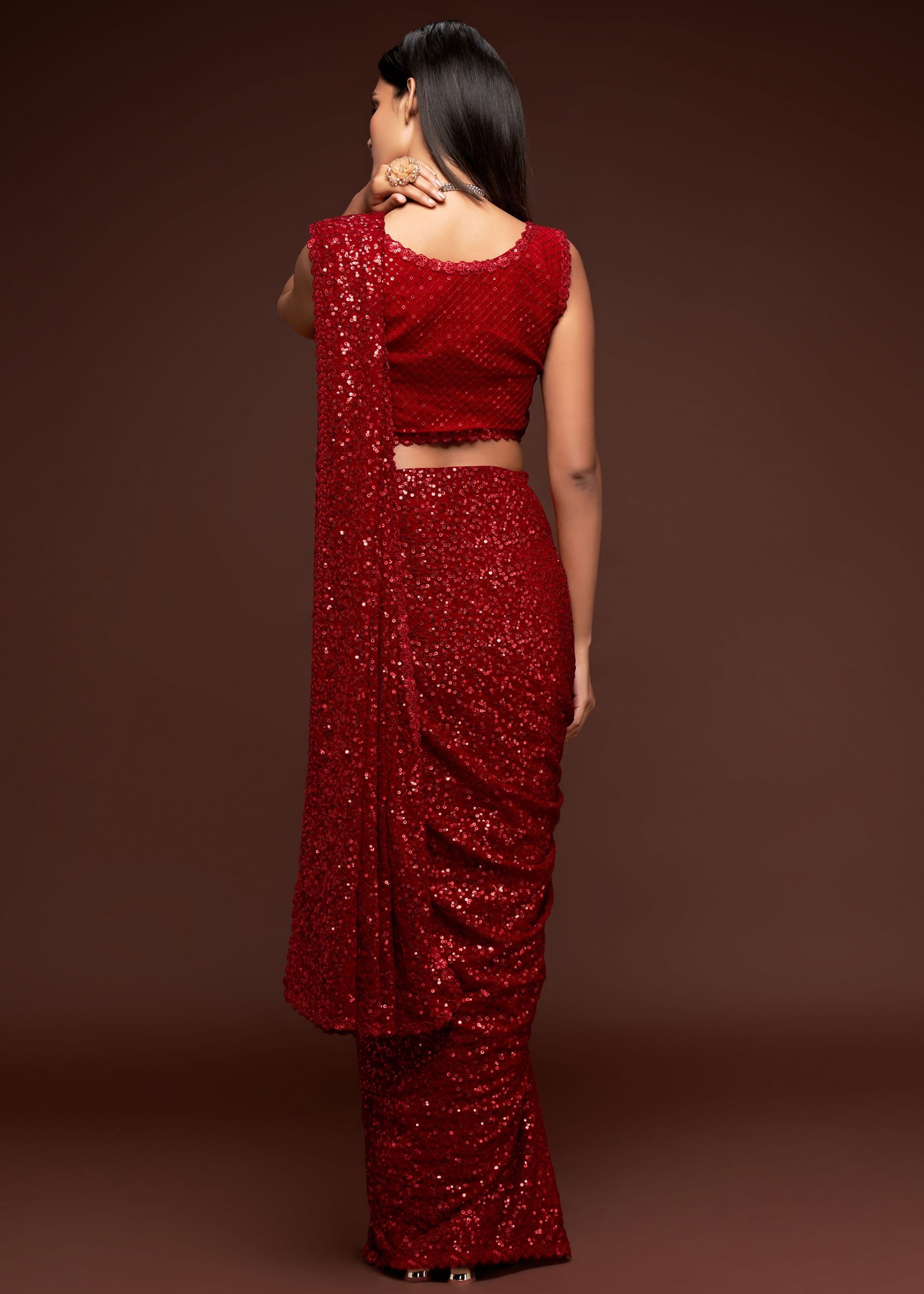 Ruby Red Georgette Saree with Thread Embroidery and Sequins Work