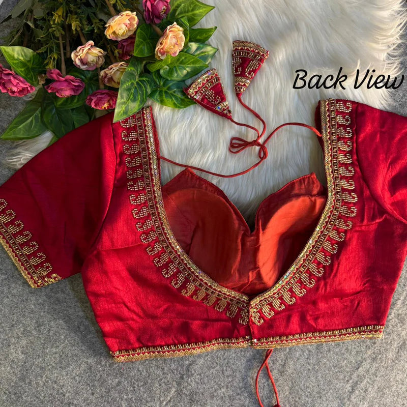 Ruby Red Royal Beads Work Bridal Blouse Italian Silk Designer Couture Wear