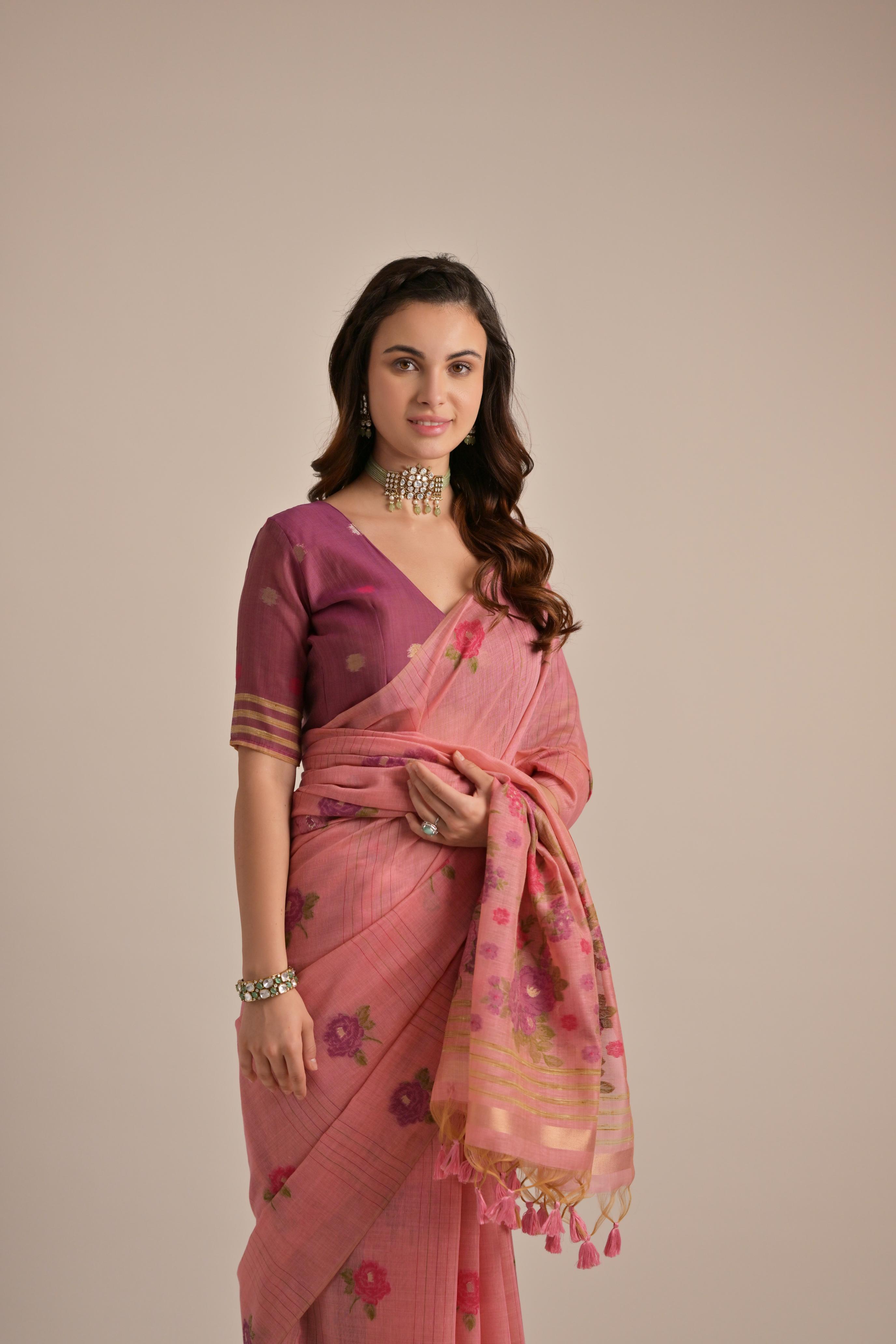 Rust Beautiful Girly Looks Multy Floral Weaving Designer Muga Cotton Saree