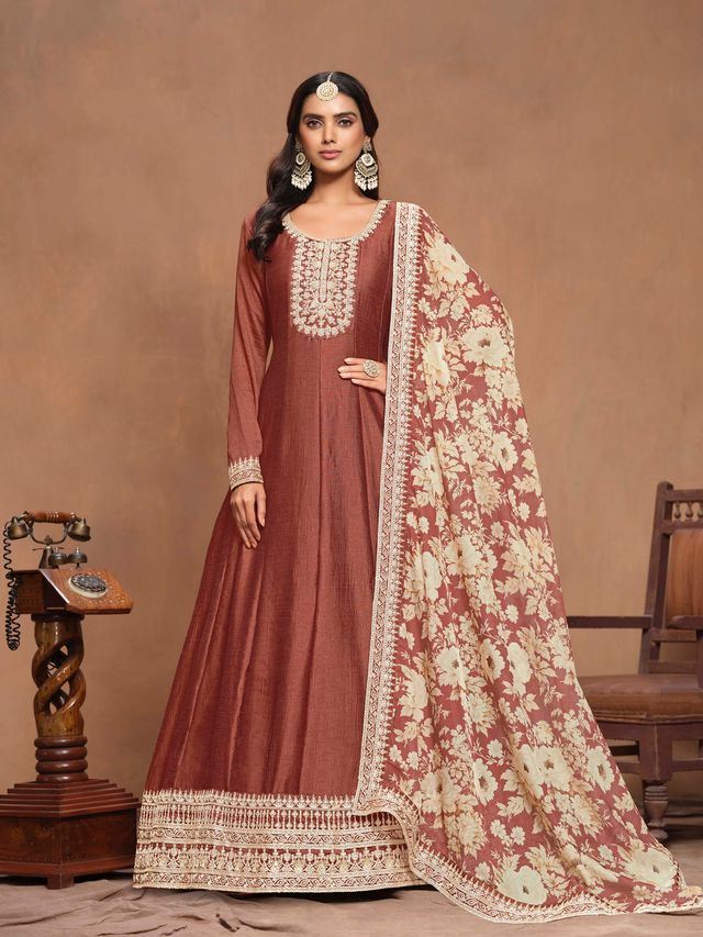 Rust Brown Anarkali Suit With Heavy Thread Embroidery Sequins Work With Printed Dupatta