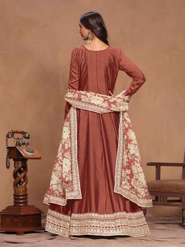 Rust Brown Anarkali Suit With Heavy Thread Embroidery Sequins Work With Printed Dupatta