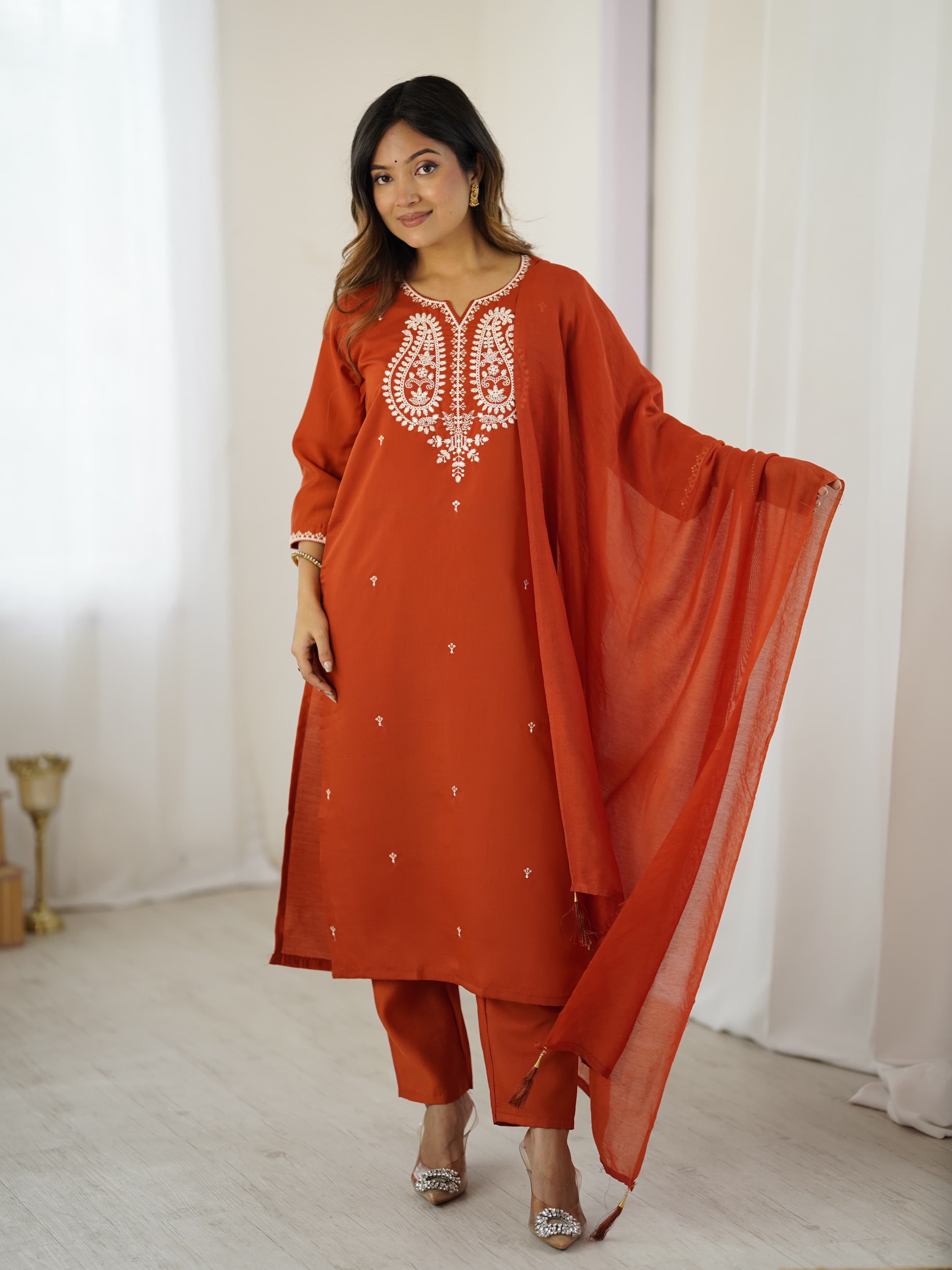 Rust Chanderi Silk Kurta Pant Set With Thread Embroidered With Sequins Work