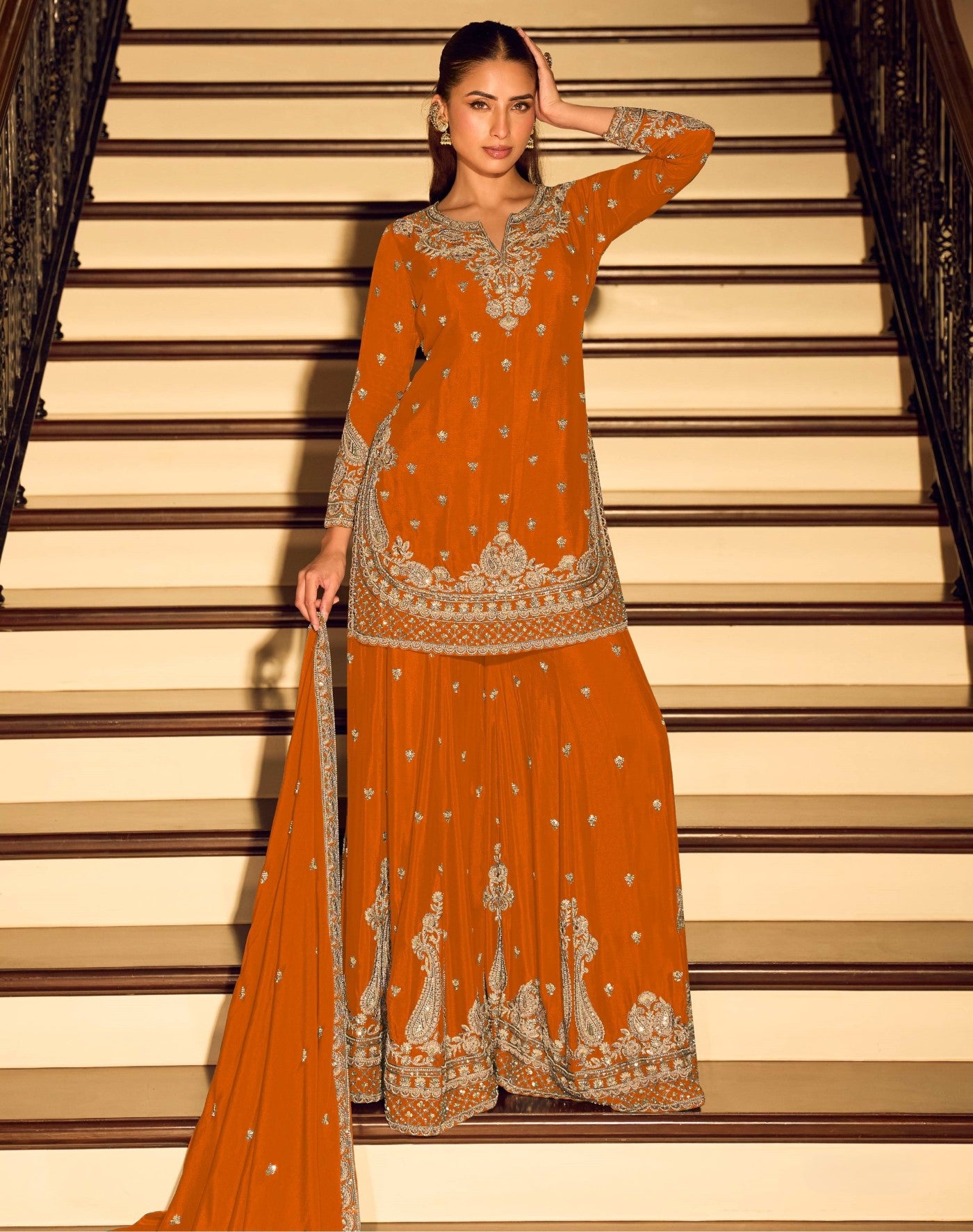 Rust Chinon Designer Suit Set With Elegant Embroidery