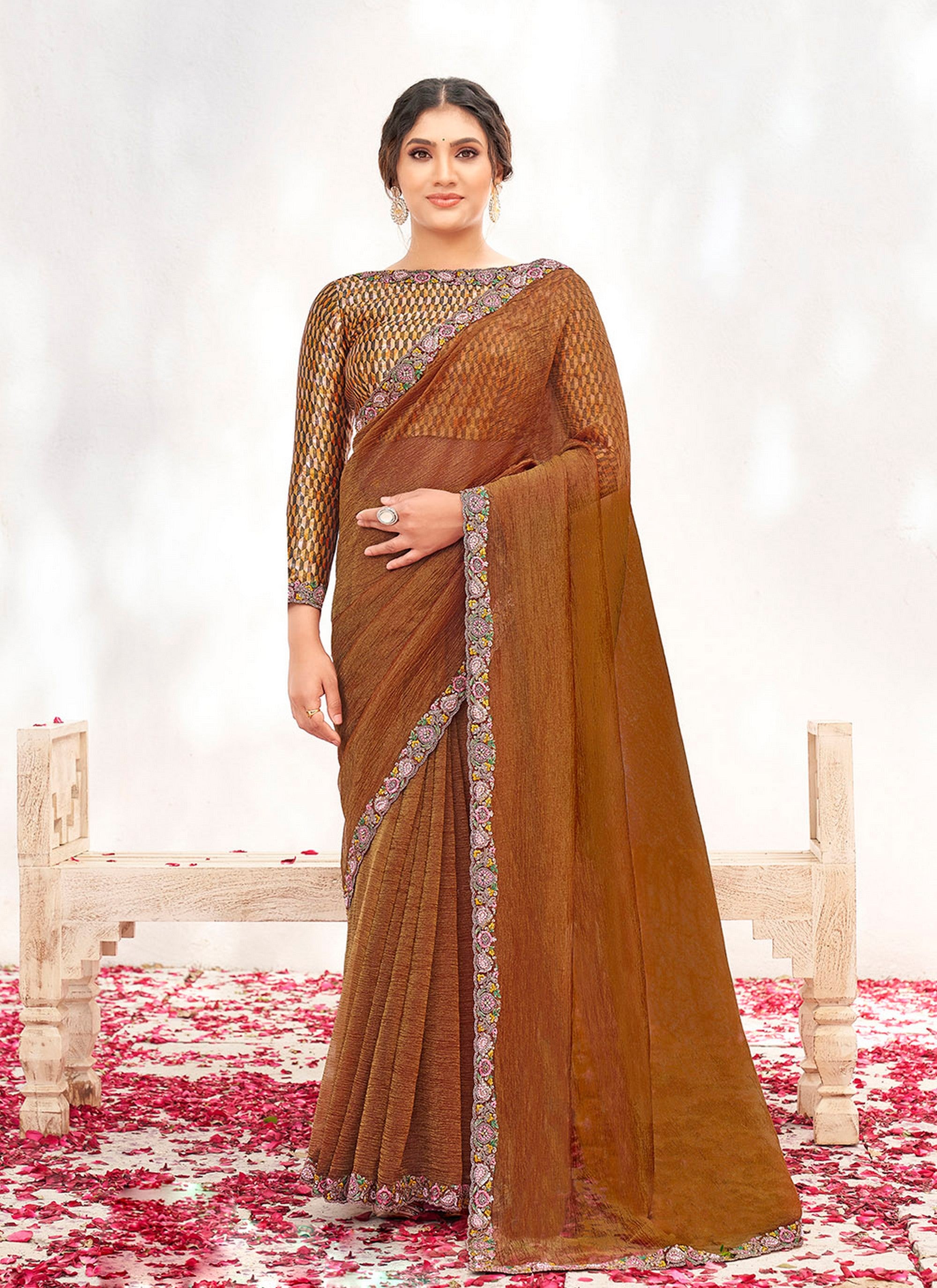 Rust Crepe Shimmer Silk Heavy Embroidery Work Wedding Wear Saree