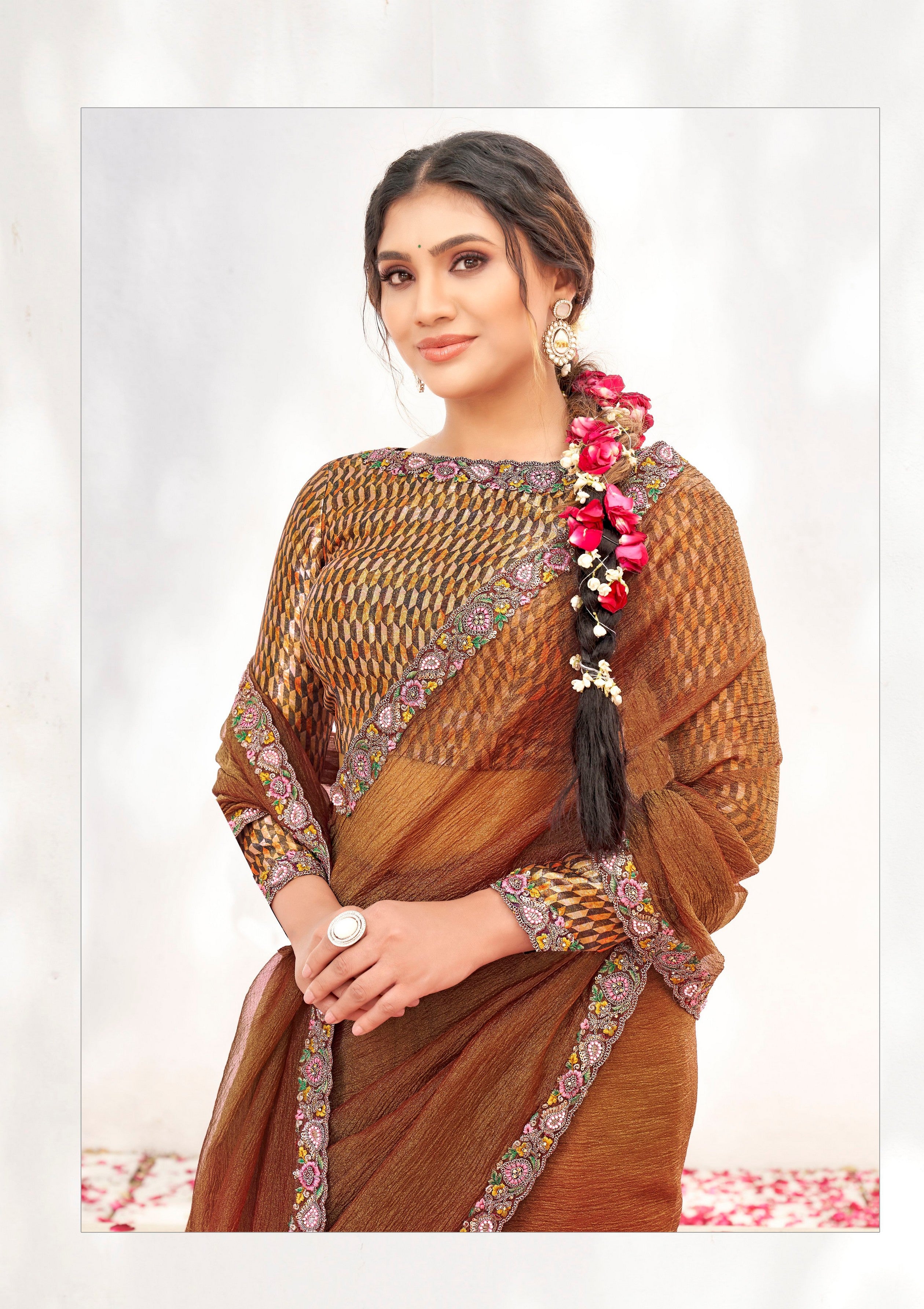 Rust Crepe Shimmer Silk Heavy Embroidery Work Wedding Wear Saree