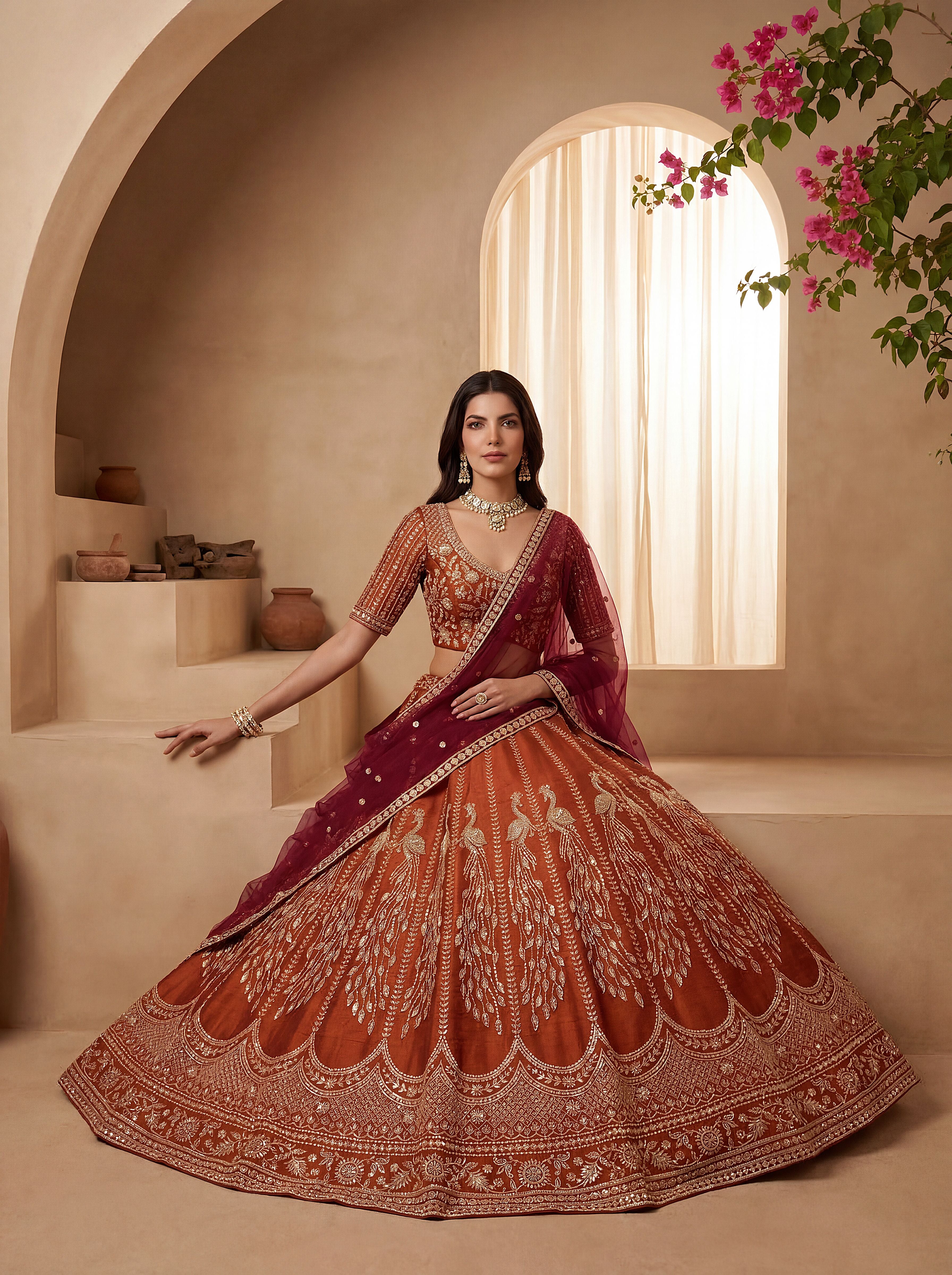 Rust Gadhwal Silk Lehenga Choli With Hand Work With Sequins Heavy Embroidery Work