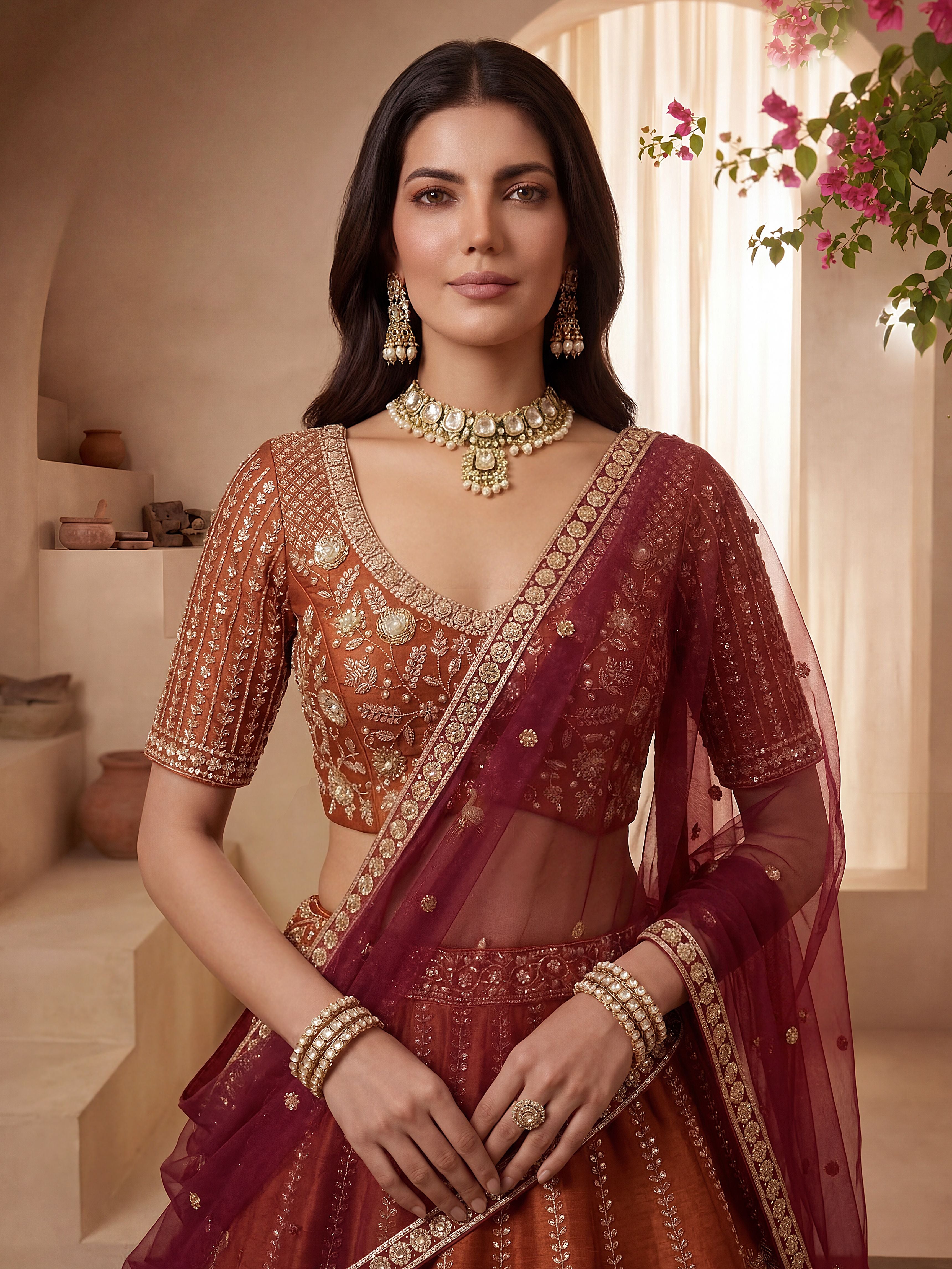 Rust Gadhwal Silk Lehenga Choli With Hand Work With Sequins Heavy Embroidery Work