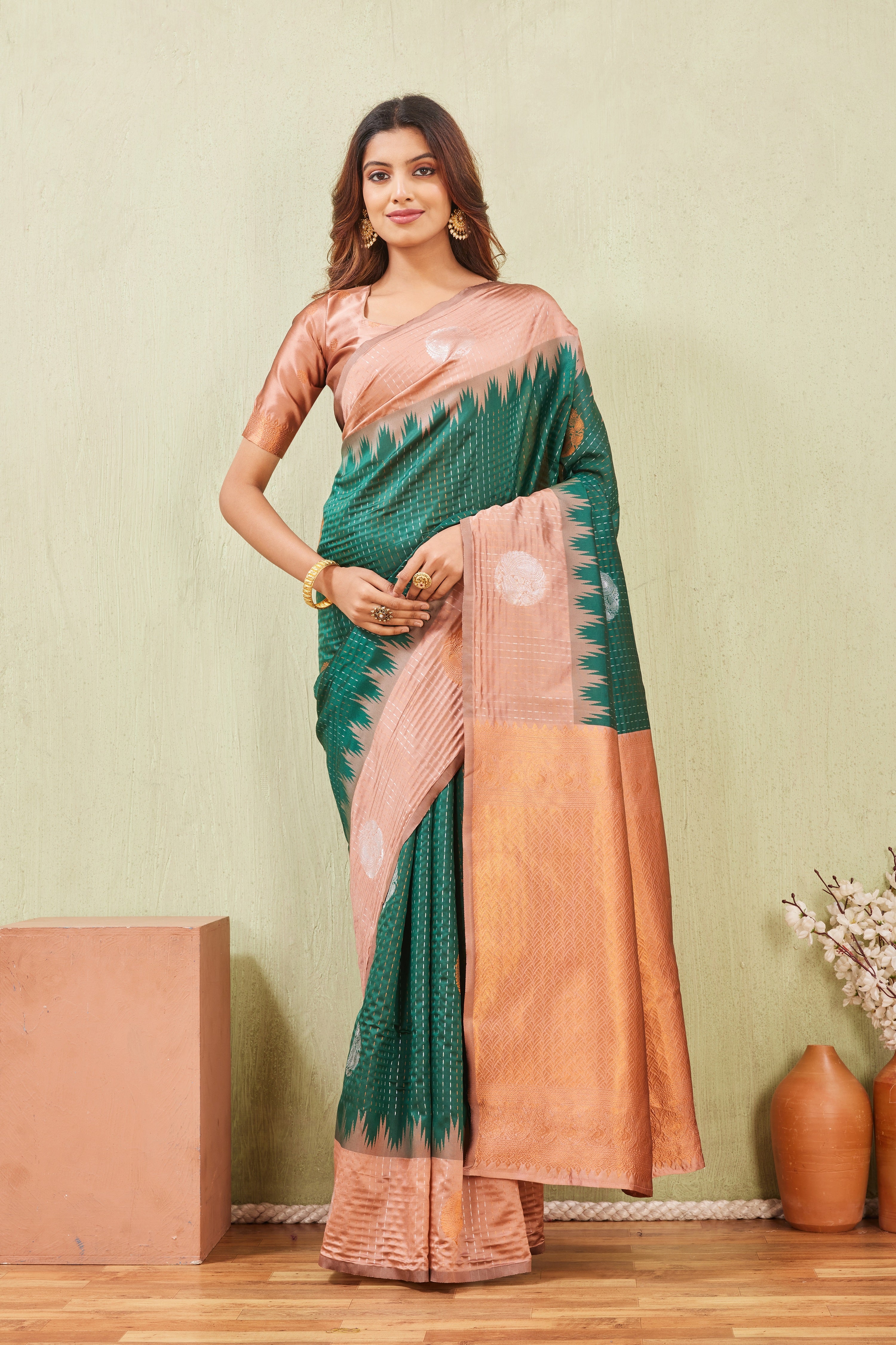 Rust Green Banarasi Silk Saree with Rich Pallu & Elegant Jacquard Jari Work