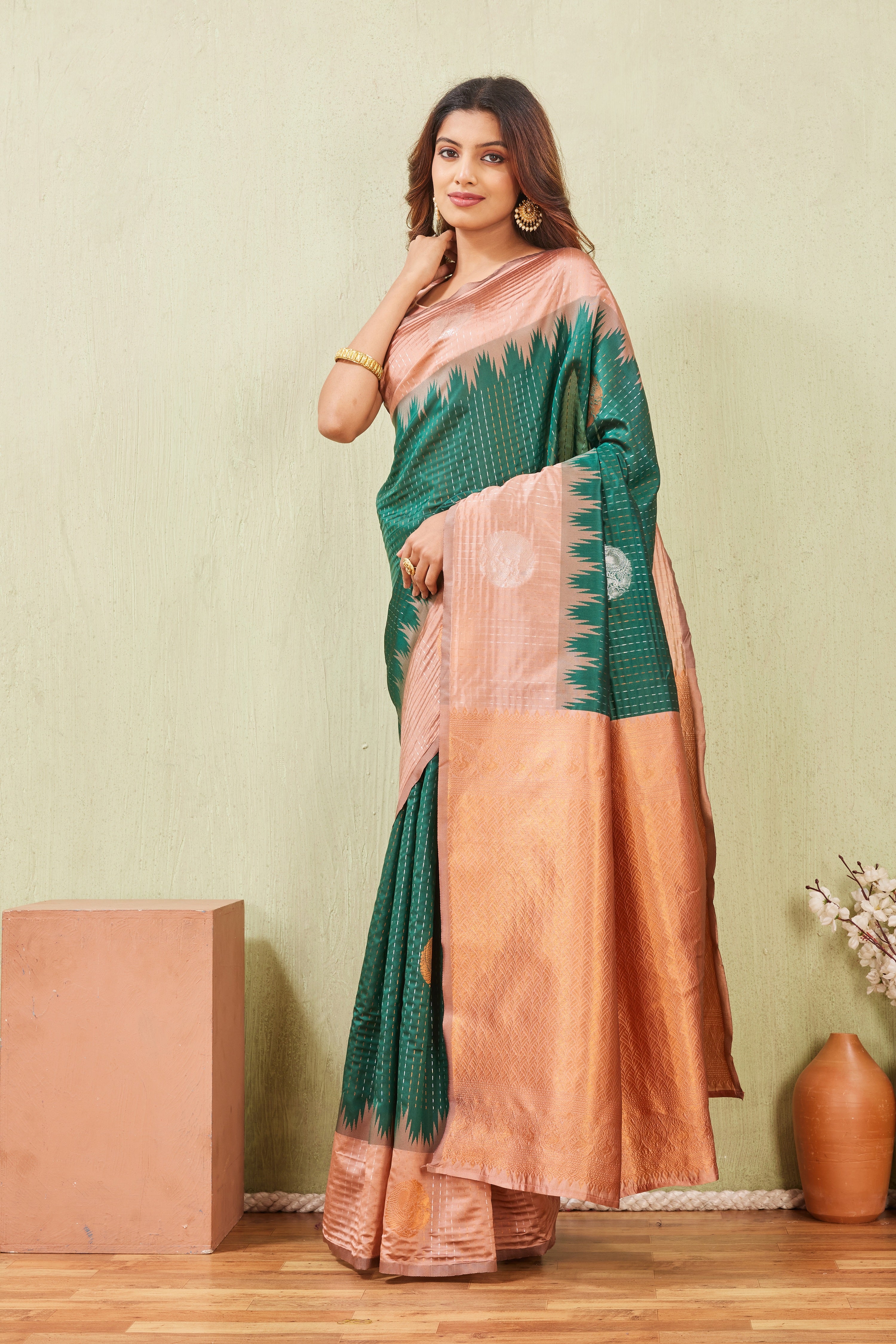 Rust Green Banarasi Silk Saree with Rich Pallu & Elegant Jacquard Jari Work