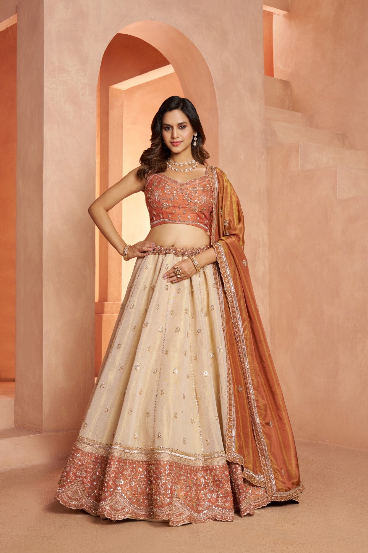 Rust Kanjivaram Tissue Handcrafted Designer Lehenga Choli