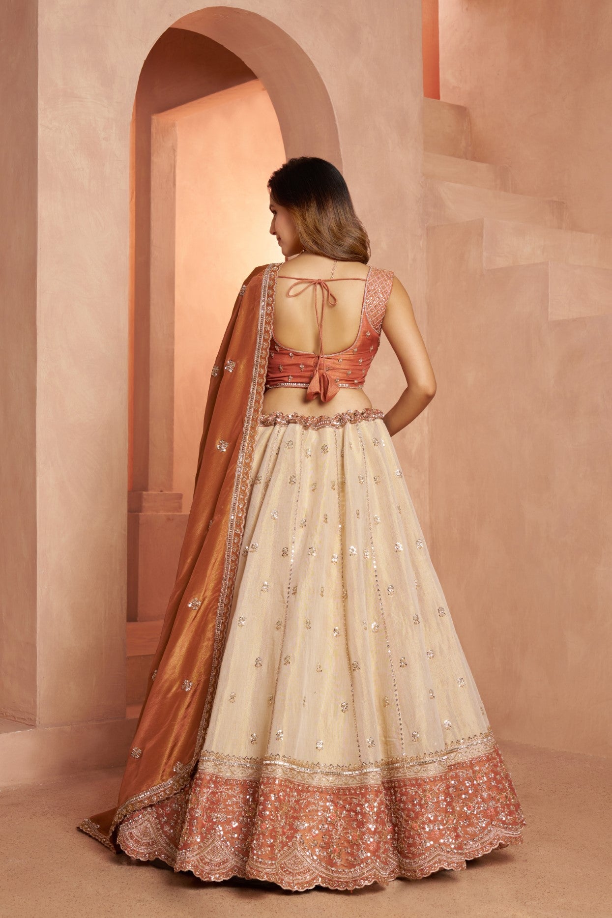 Rust Kanjivaram Tissue Handcrafted Designer Lehenga Choli