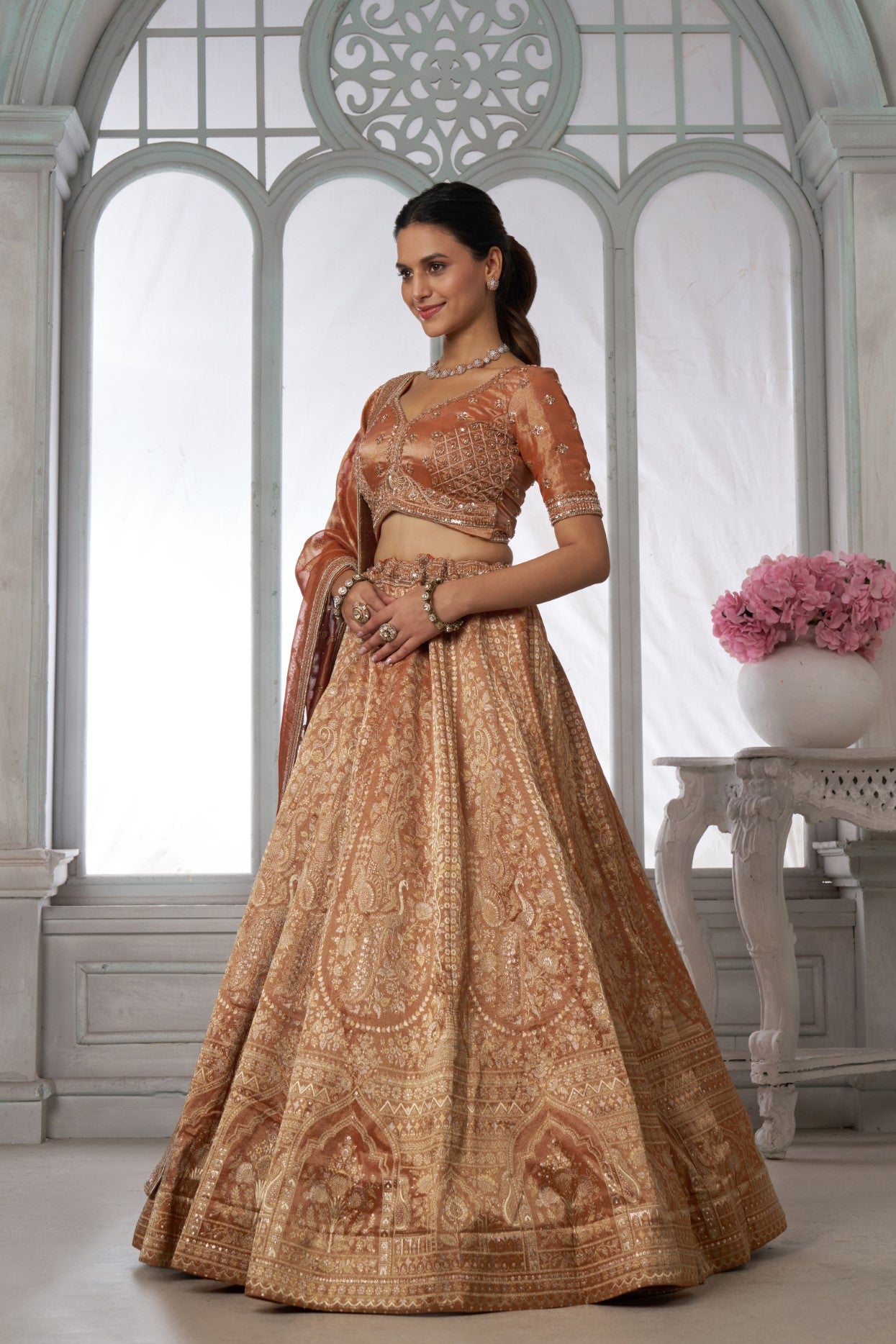 Rust Kanjivaram Tissue Sequin & Bead Embroidered Lehenga Choli