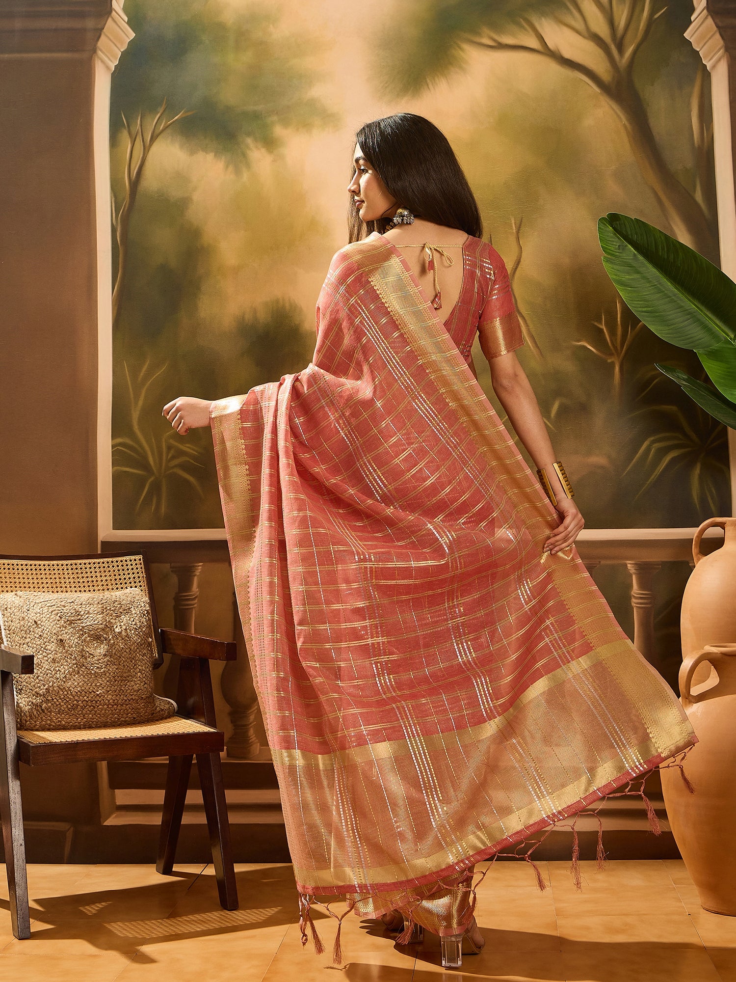 Rust Khadi Organza Woven Jacquard Designer Ethnic Traditional Festive Wear Saree