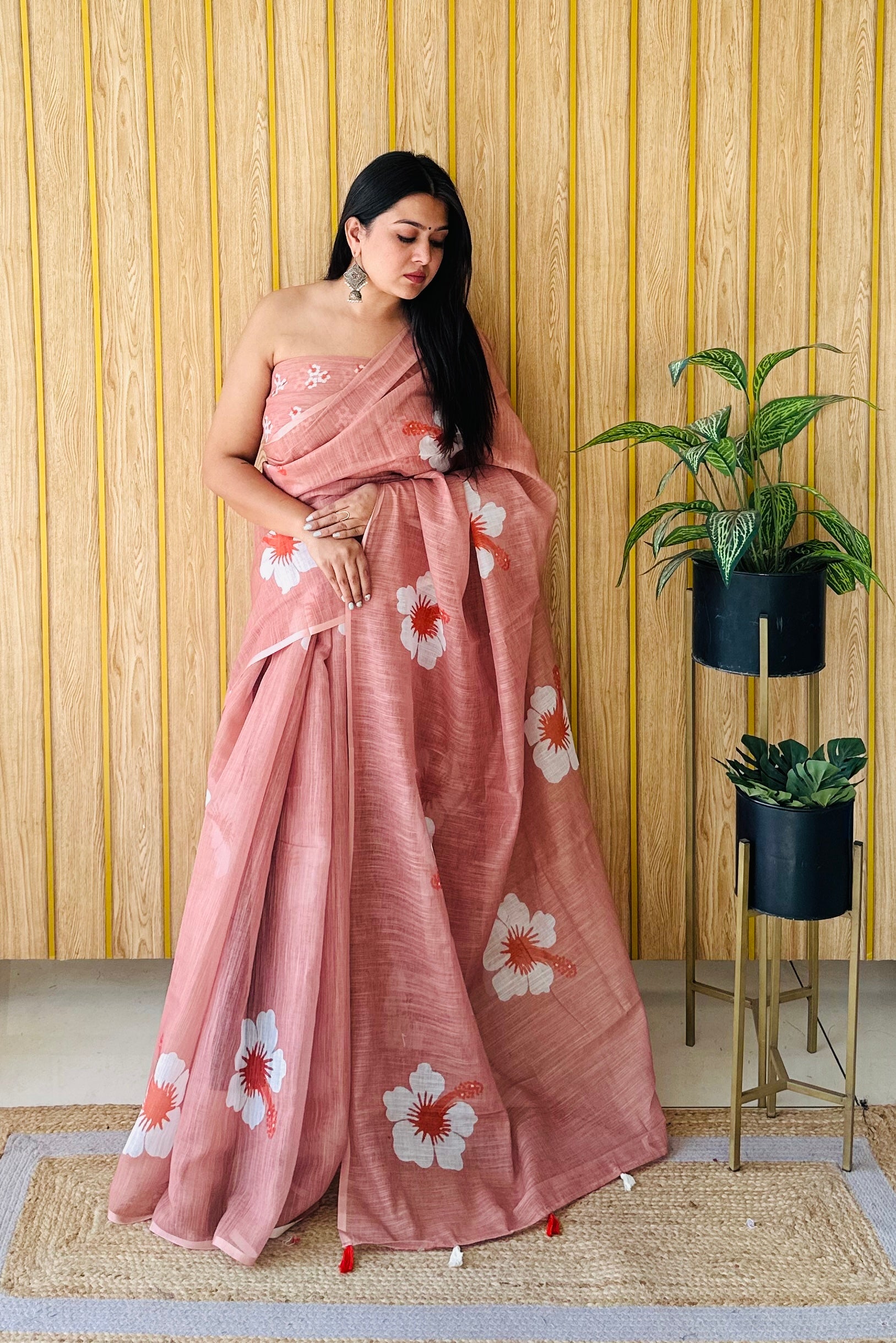 Rust Linen Floral Printed Girlie Looks Saree
