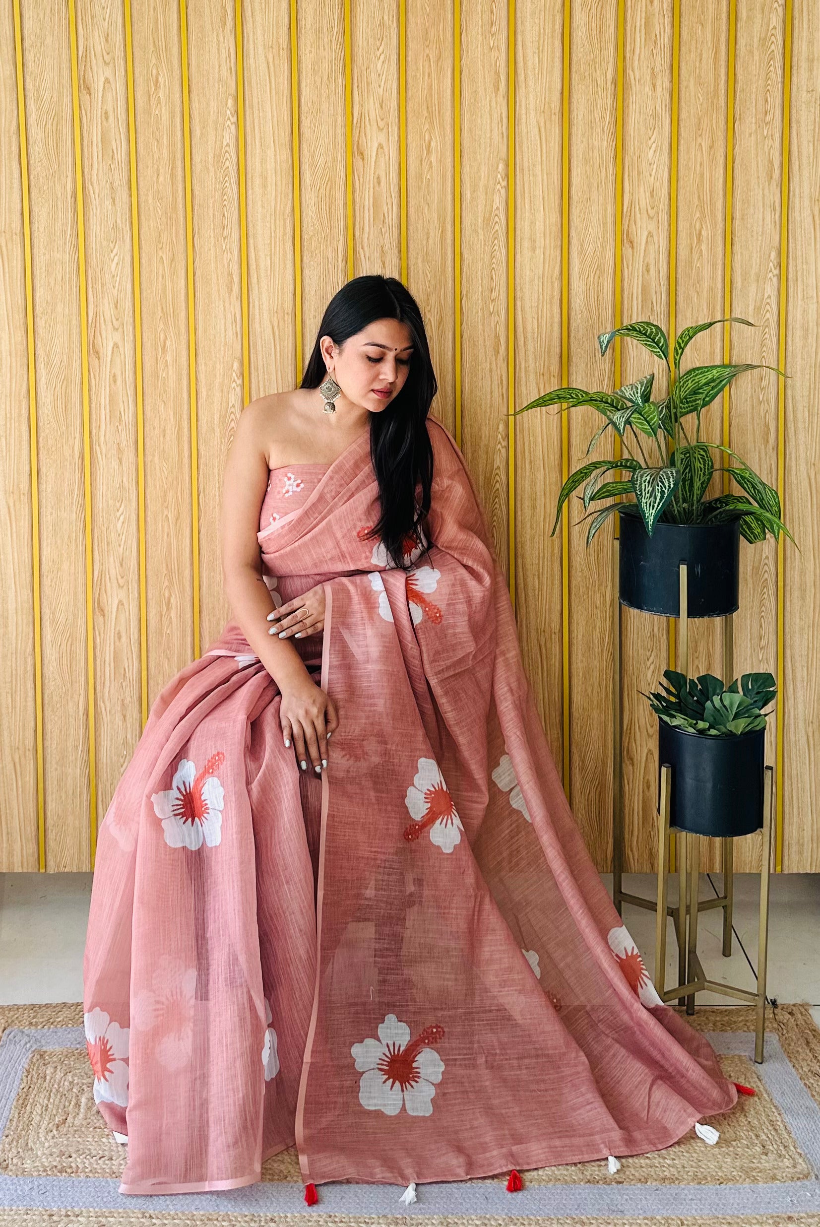 Rust Linen Floral Printed Girlie Looks Saree