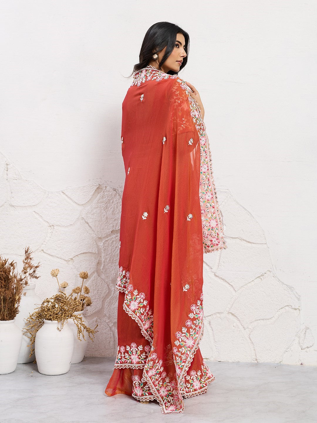 Rust Moss Chiffon Saree With Elegant Embroidery