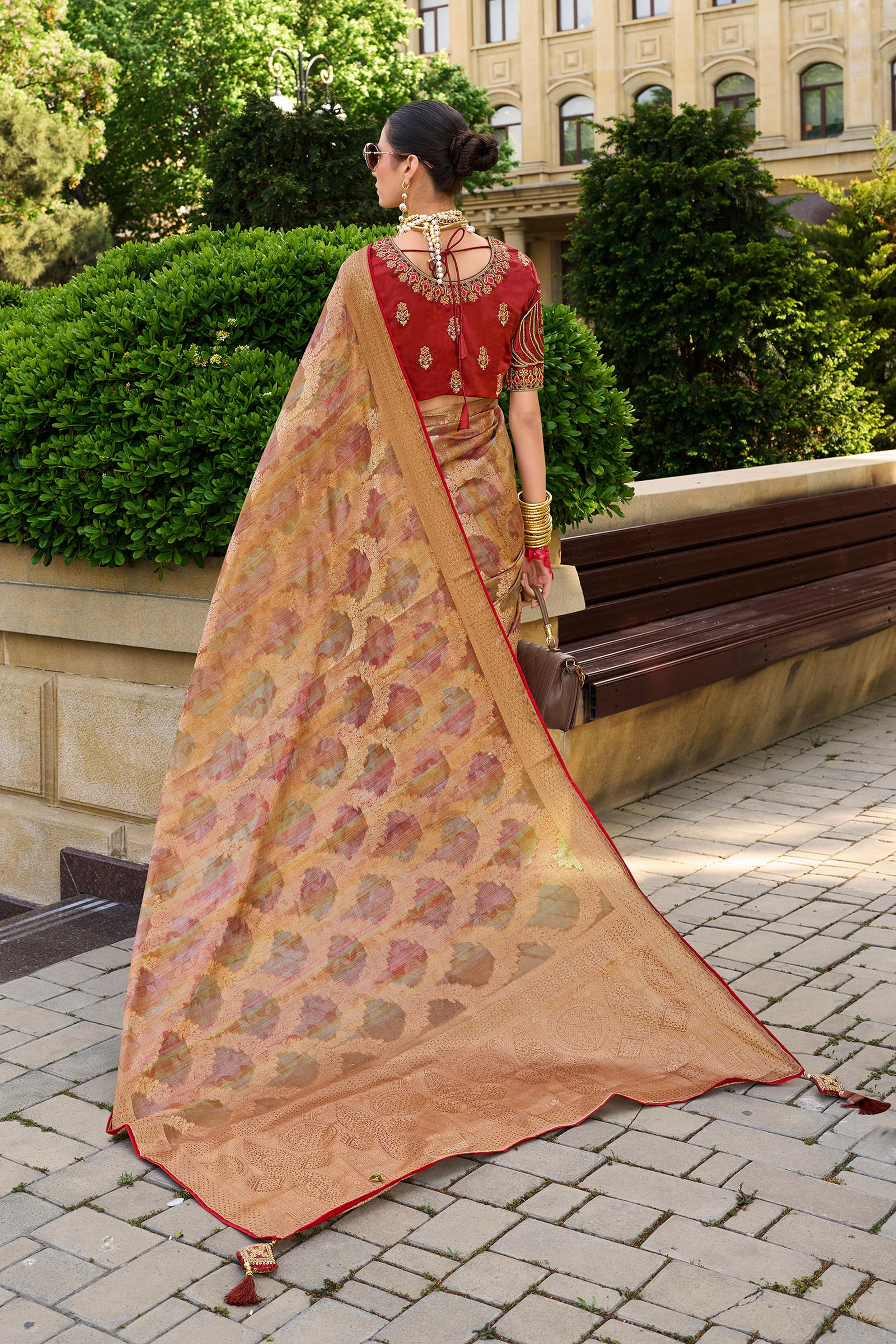 Rust Orange Jacquard Silk Woven Saree With Embroidered Blouse