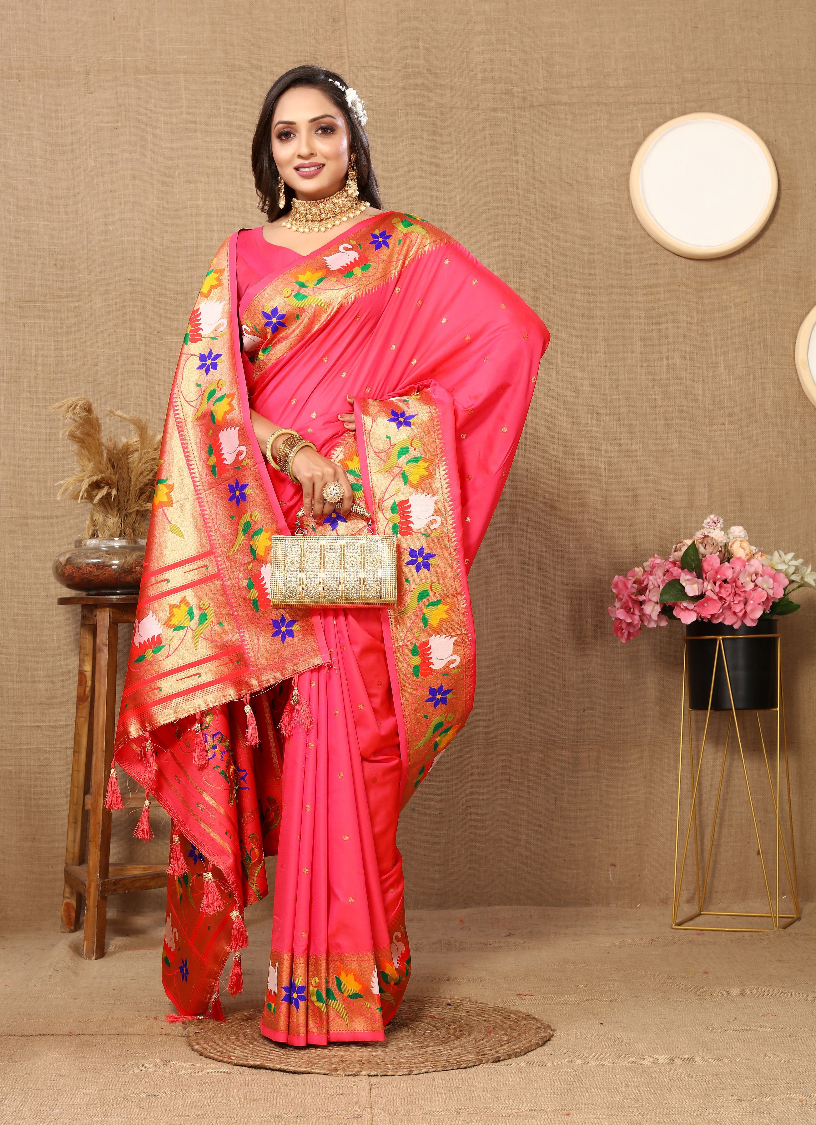 Rust Paithani Silk Woven Meenakari Paithani Designer Ethnic Heavy Looks Saree