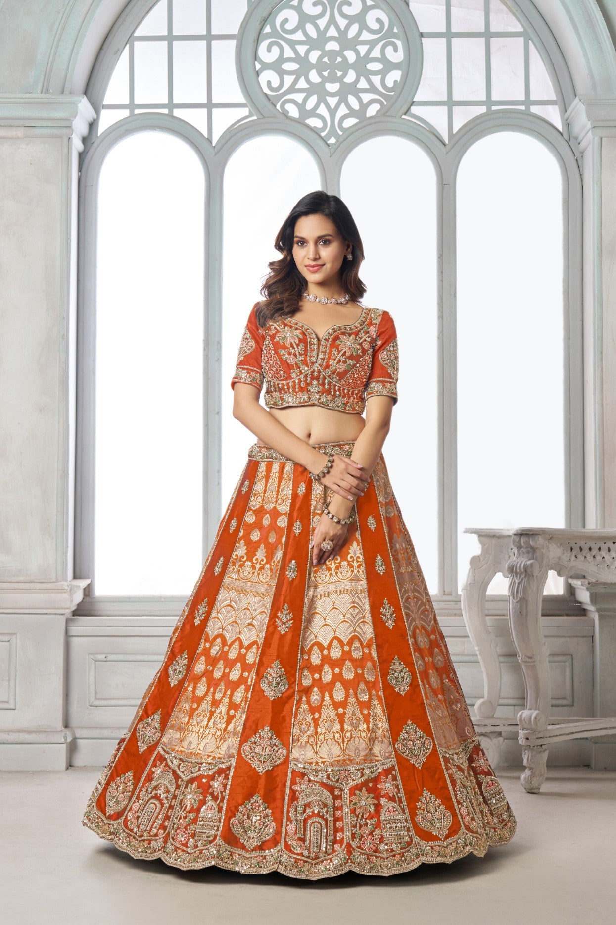 Rust Raw Silk Artisan Embroidered Designer Lehenga Choli