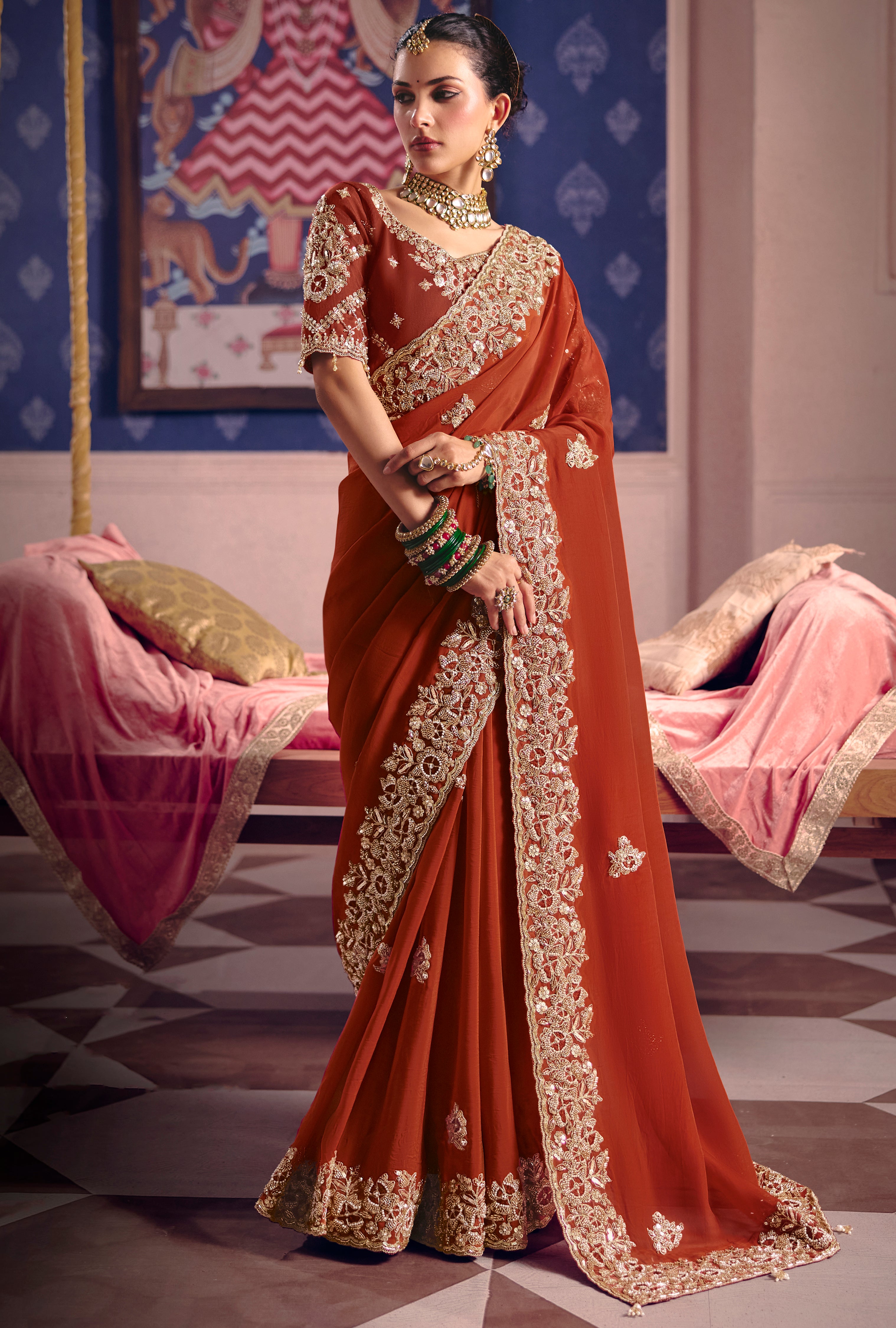 Rust Saree With Heavy Embroidery, Beads With Sequince Work