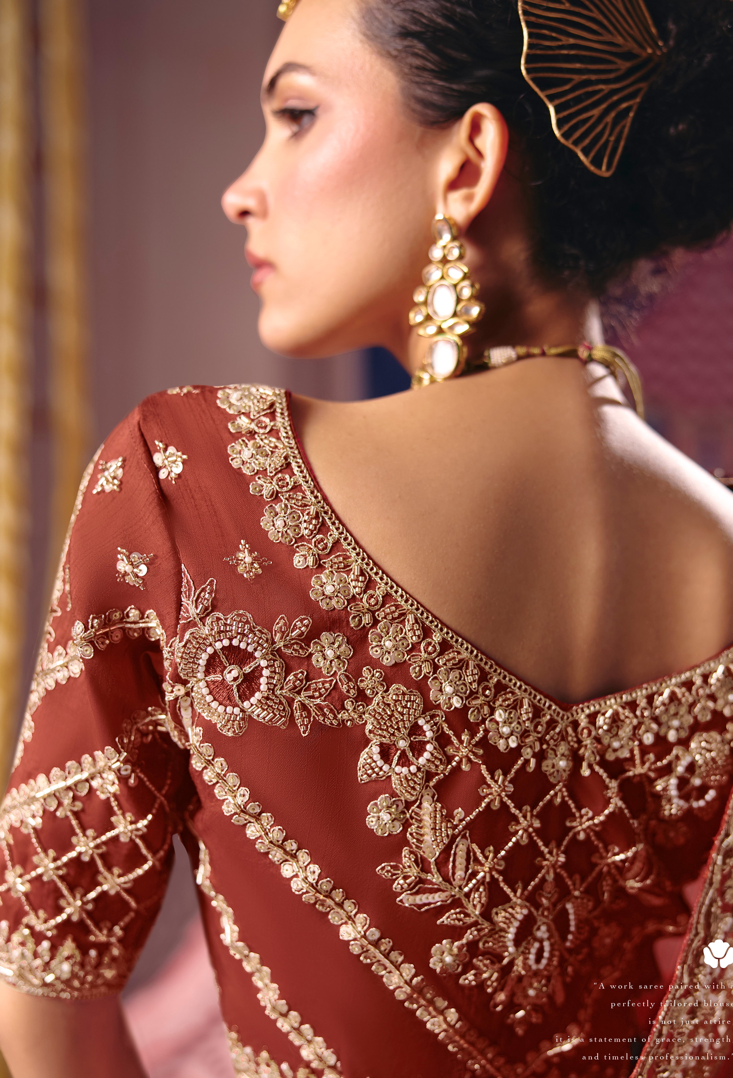 Rust Saree With Heavy Embroidery, Beads With Sequince Work