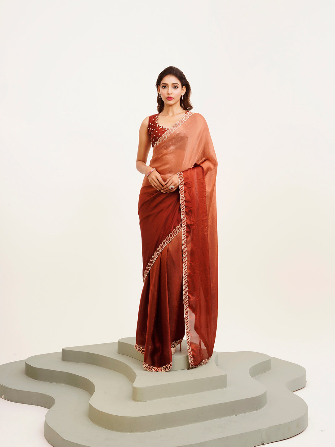 Rust Satin Embellished Beads And Stones Work Fancy Saree
