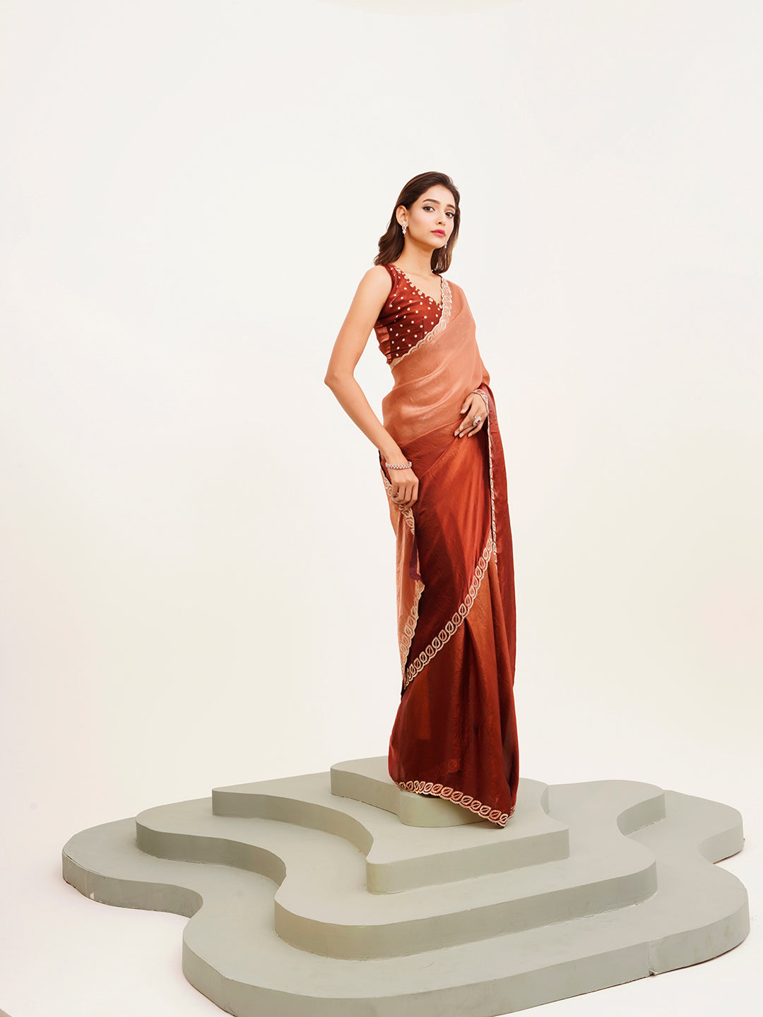 Rust Satin Embellished Beads And Stones Work Fancy Saree