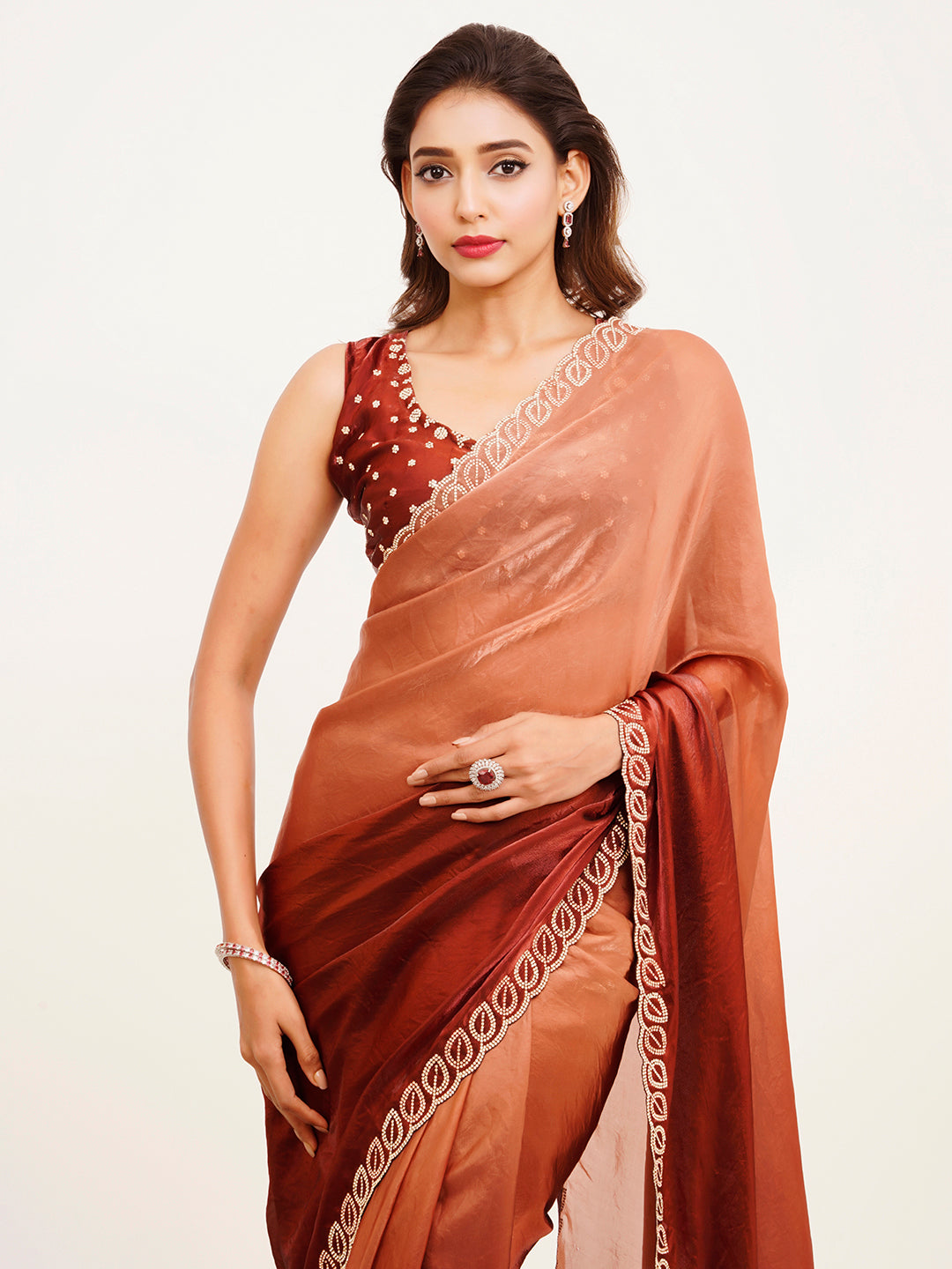 Rust Satin Embellished Beads And Stones Work Fancy Saree