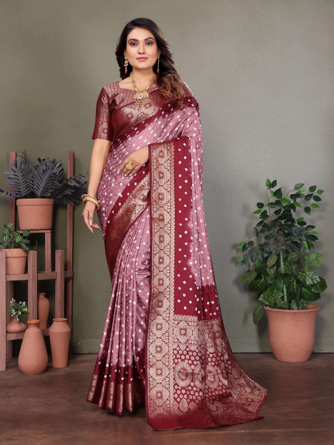 Rust Satin Silk Saree With Traditional Bandhej Zari Weaving