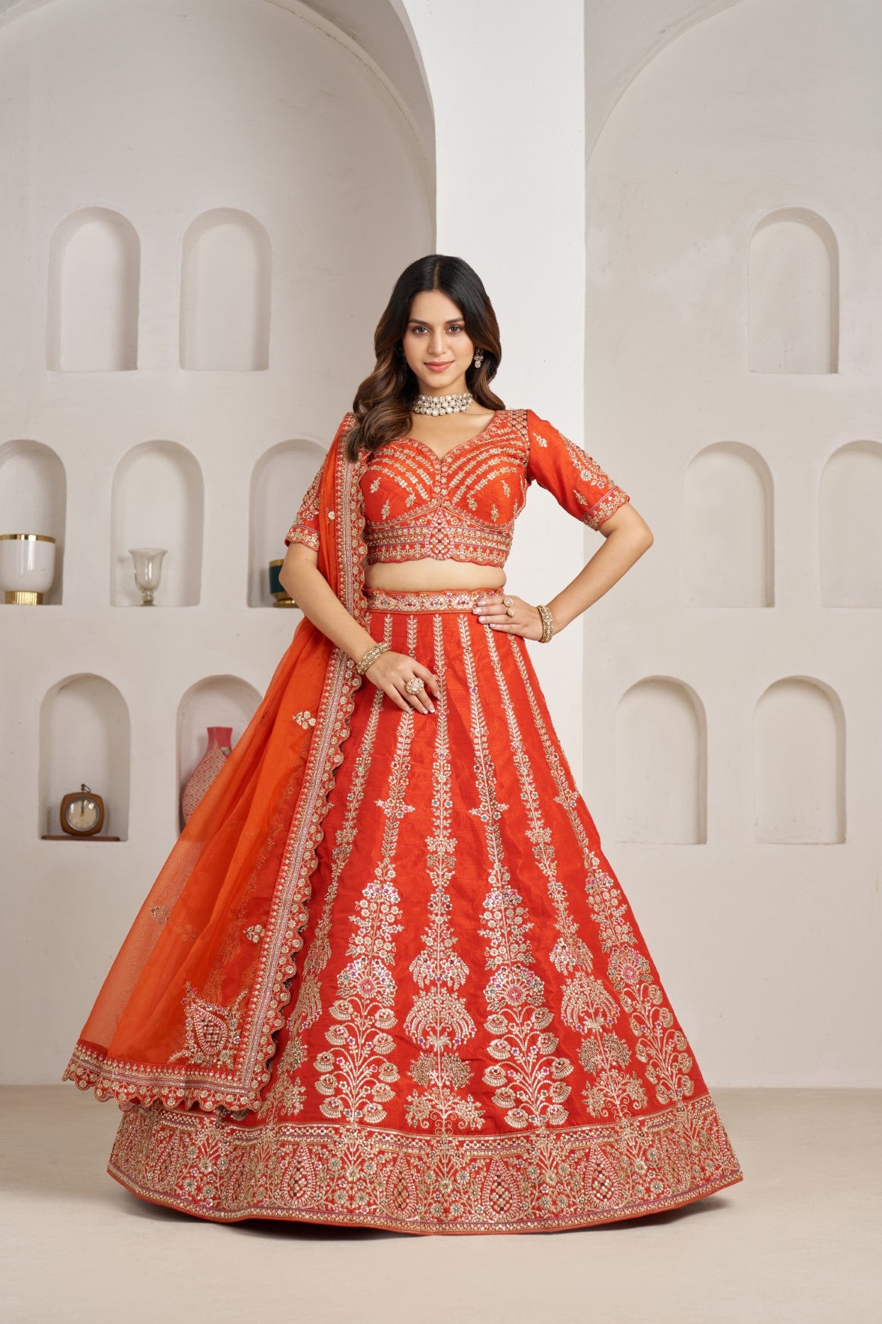 Rust Silk Floral Embroidered Bridal Lehenga Choli