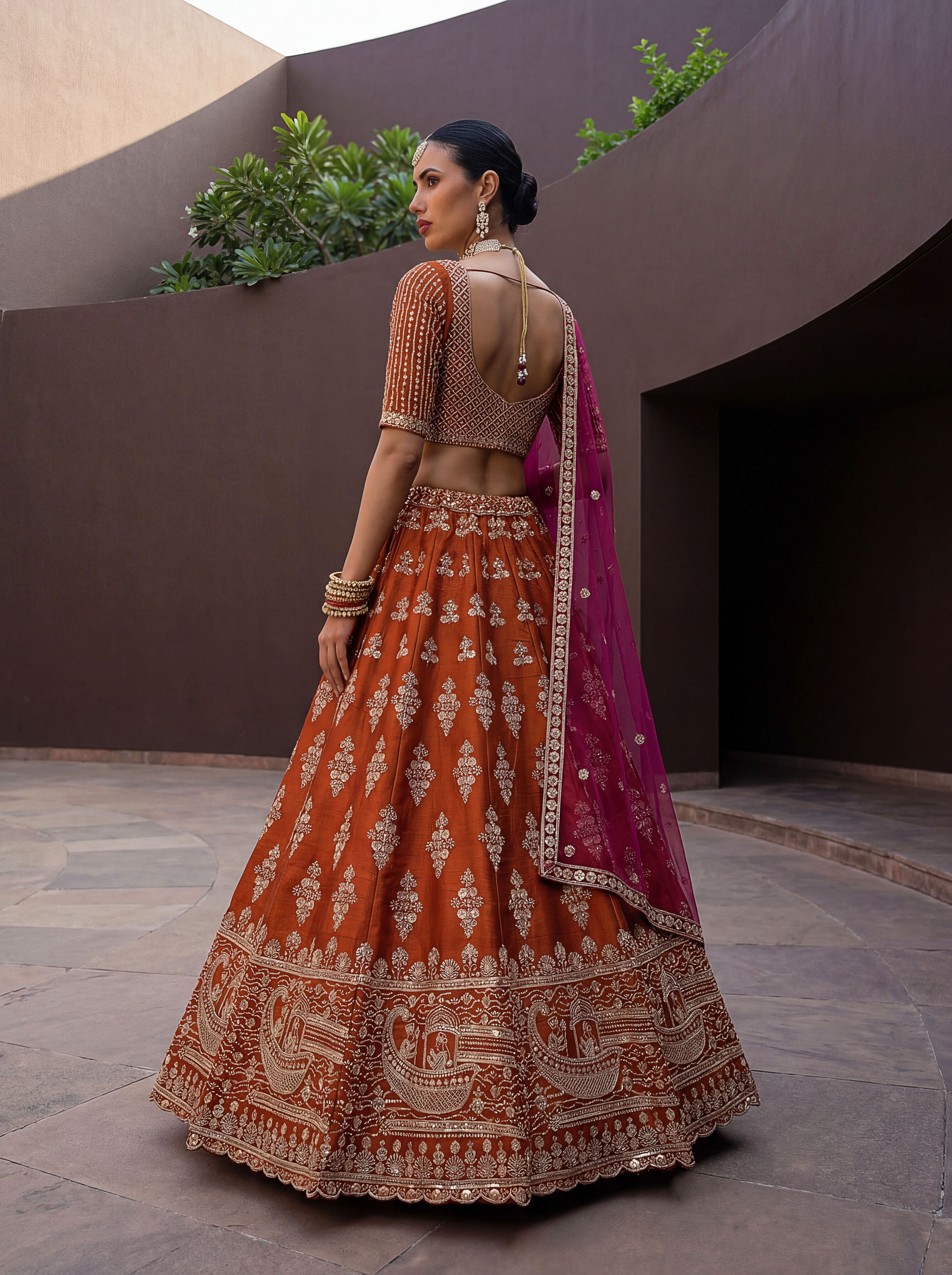 Rust Silk Lehenga Choli With Hand Work With Jari Embroidery And Pipe Work